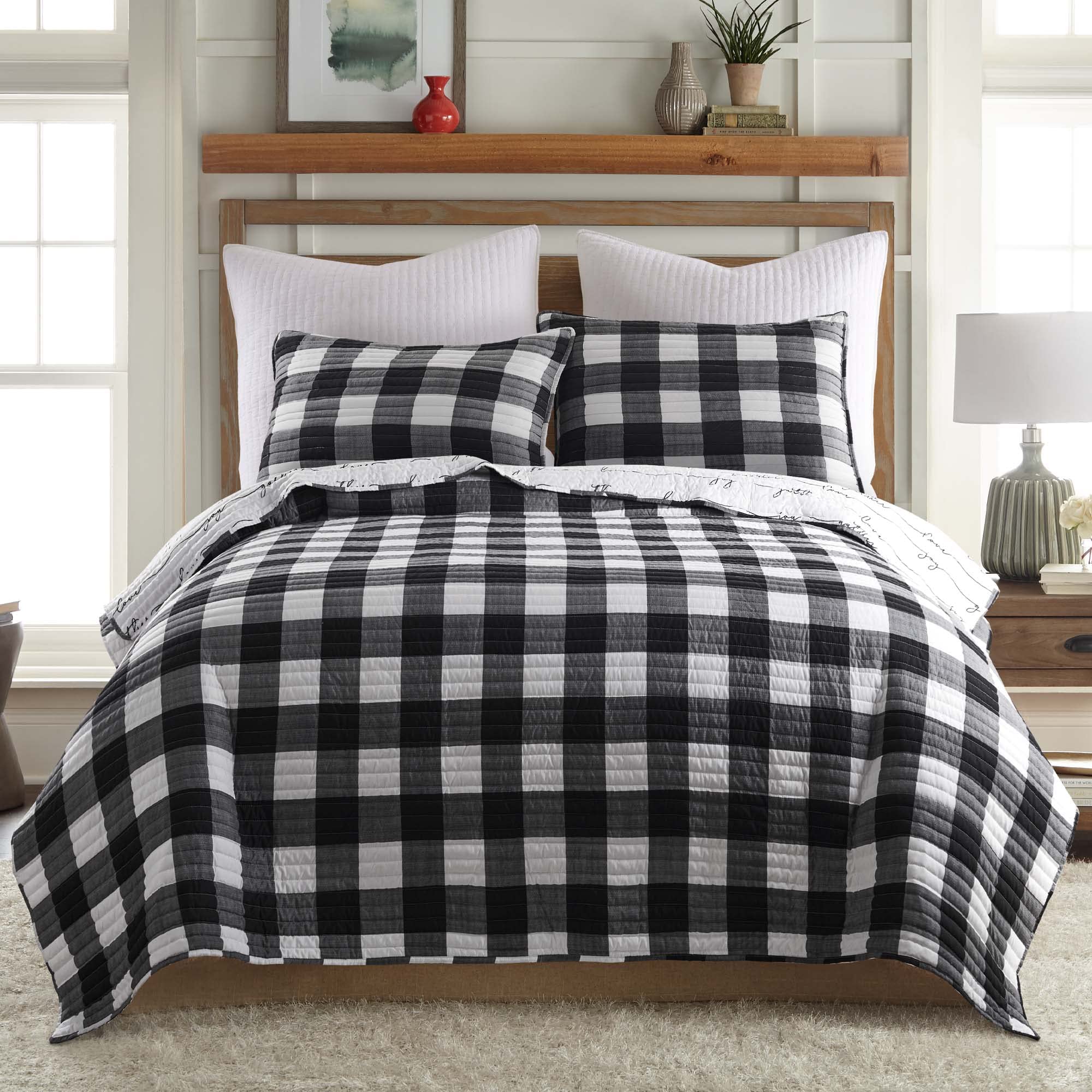 Levtex Home Clayton Plaid Reversible Quilt Set - Full/Queen Size (88x92in) with 2 Standard Shams (20x26in) - Black & White Buffalo Check Microfiber Bedding - Perfect for Cozy Bedrooms, Guest Rooms & Farmhouse Decor