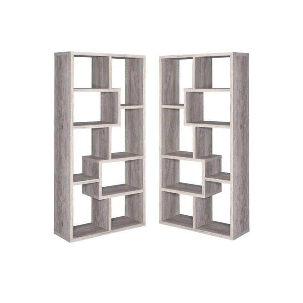 Gray Asymmetrical Driftwood Bookcase Set - 2 Piece Modern Bookshelf for Living Room, Bedroom & Office - Home Square Wooden Storage Shelves for Books & Decor