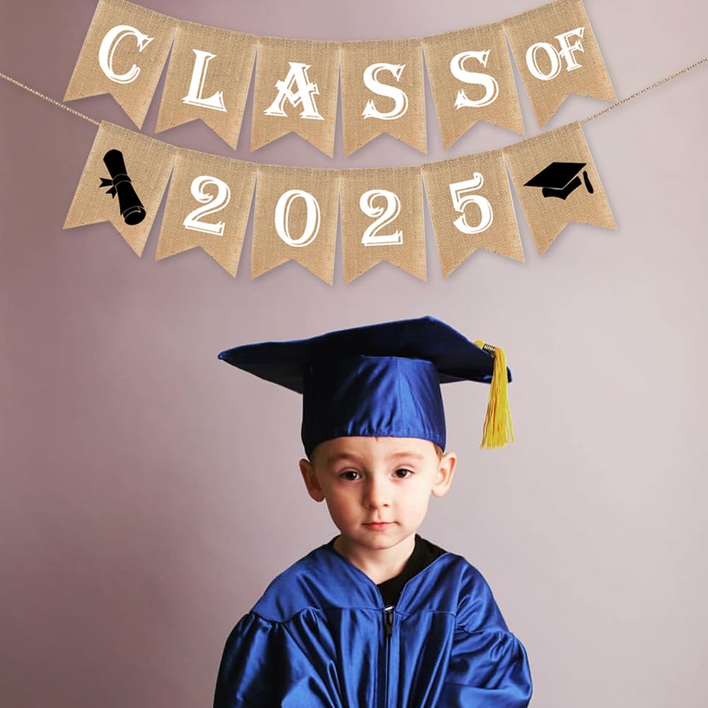 SWYOUN Class of 2025 Graduation Banner - White Burlap Party Decor for High School & College Graduation Ceremony, Classroom Celebration & Grad Party Supplies