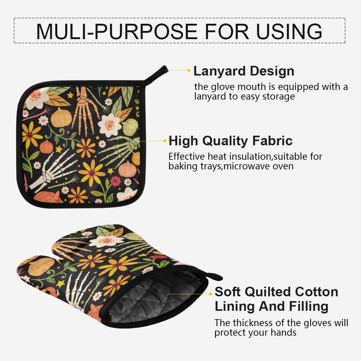 **Halloween Sugar Skull Oven Mitts & Pot Holders - 2pcs Heat Resistant Non-Slip Kitchen Potholder Set for Cooking, Baking, BBQ - Day of The Dead Decor for Spooky Season & Mexican-Themed Parties**