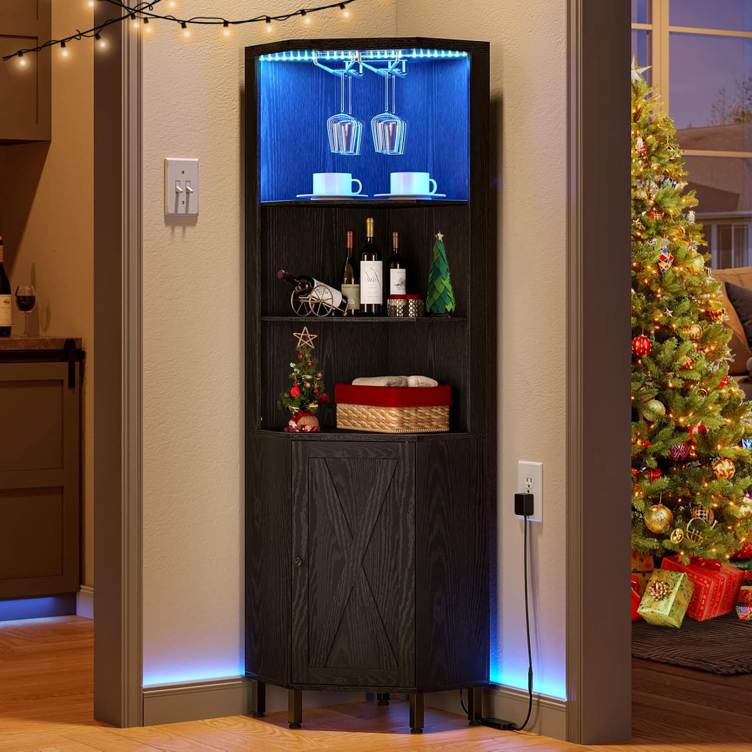 YITAHOME 5-Tier Corner Bar Cabinet with LED Lights & Glass Holder - Wine Rack Storage Shelf for Living Room, Dining Room, Kitchen - Black - Perfect for Home Bars, Entertaining Guests & Displaying Liquor Collections