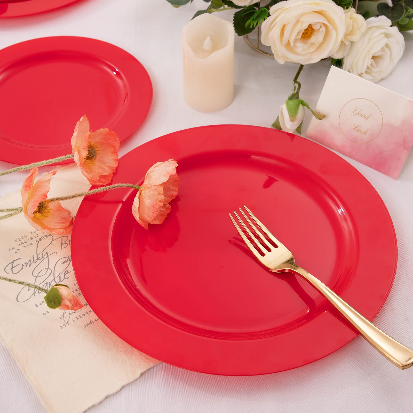 FLOWERCAT 60PCS Heavy Duty Disposable Red Plastic Plates Set - 30PCS 10.25 Inch Dinner Plates & 30PCS 7.5 Inch Dessert/Salad Plates - Perfect for Parties, BBQs, Picnics, and Family Gatherings
