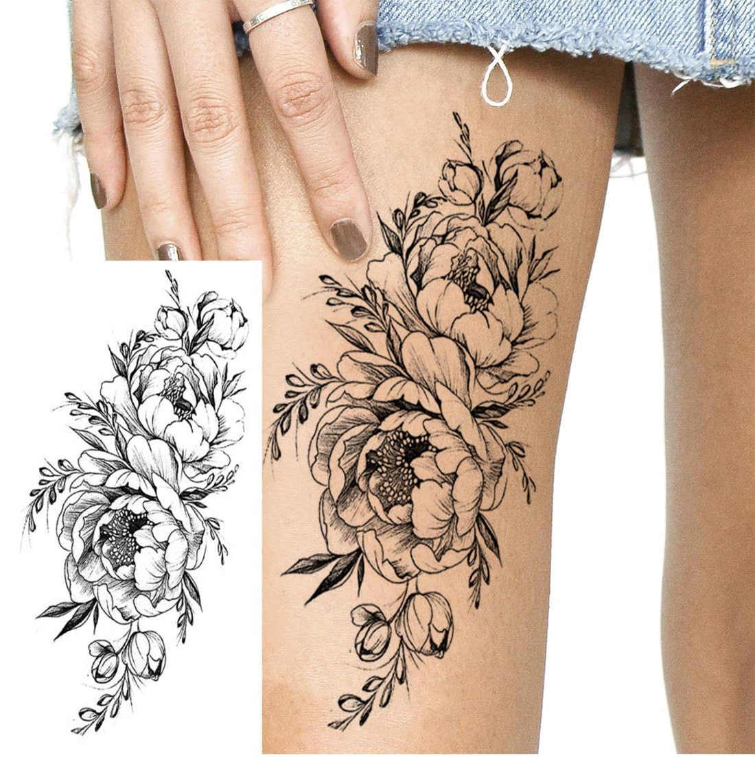 Waterproof Black Flower Temporary Tattoos for Women - Floral Bouquet Fake Tattoo Stickers | Perfect for Parties, Weddings, Festivals & Everyday Fashion Accessories