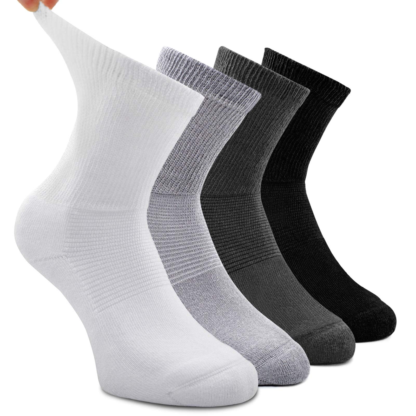 4 Pack Non-Binding Diabetic Socks for Men & Women - Loose Top Crew Cotton Thick Cushion Socks for Circulation & Comfort - Ideal for Daily Wear, Work & Travel