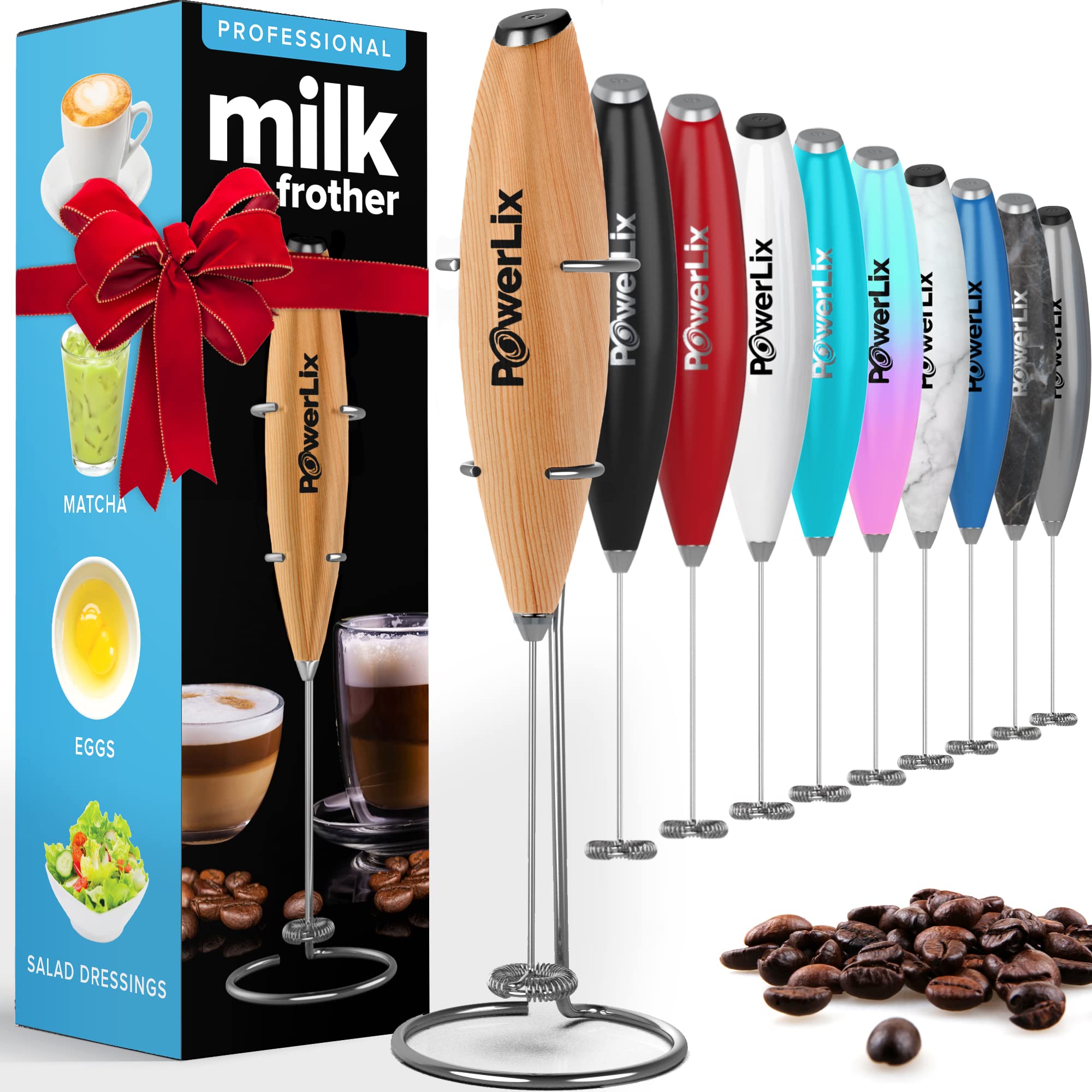 PowerLix Powerful Handheld Milk Frother with Stand - Battery Operated Foam Maker & Frother Wand for Coffee, Hot Chocolate & Matcha - Perfect for Home, Office & Cafe Use (Black, Wooden)