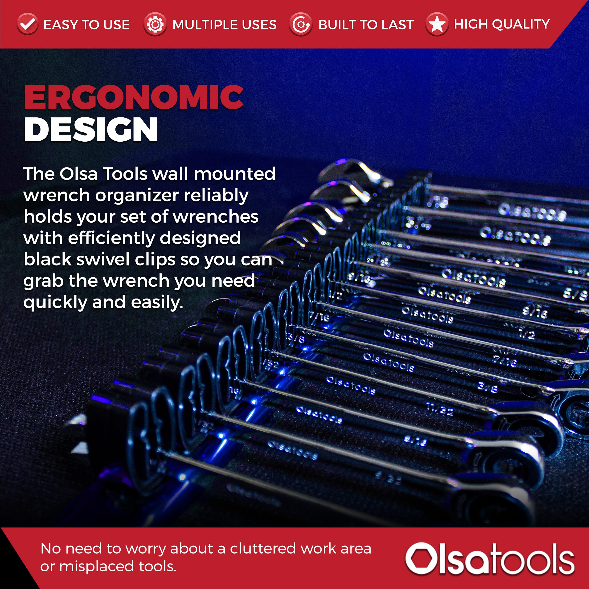 Olsa Tools Wall Mount Wrench Organizer with Rotating Clips | Blue Anodized Aluminum & Black Clips | Premium Quality Tool Holder for 14 Wrenches | Garage Organization, Workshop Storage, Mechanic Tool Rack