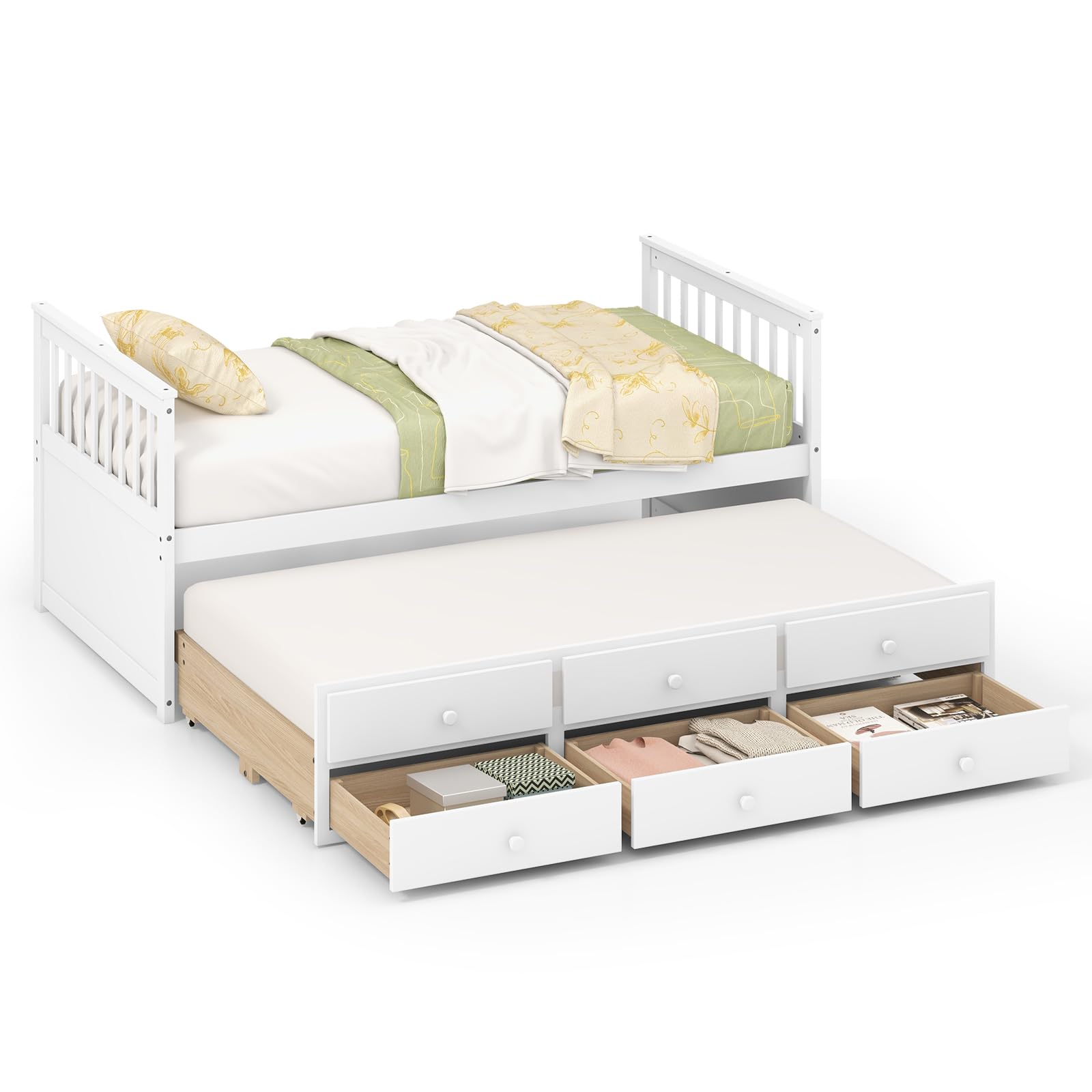 DORTALA Twin Size Trundle Bed with Storage Drawers - Wooden Daybed with Pull-Out Trundle, No Box Spring Needed, Modern Captains Bed for Kids, Teens & Adults - Perfect for Small Bedrooms, Guest Rooms & Studio Apartments (White)