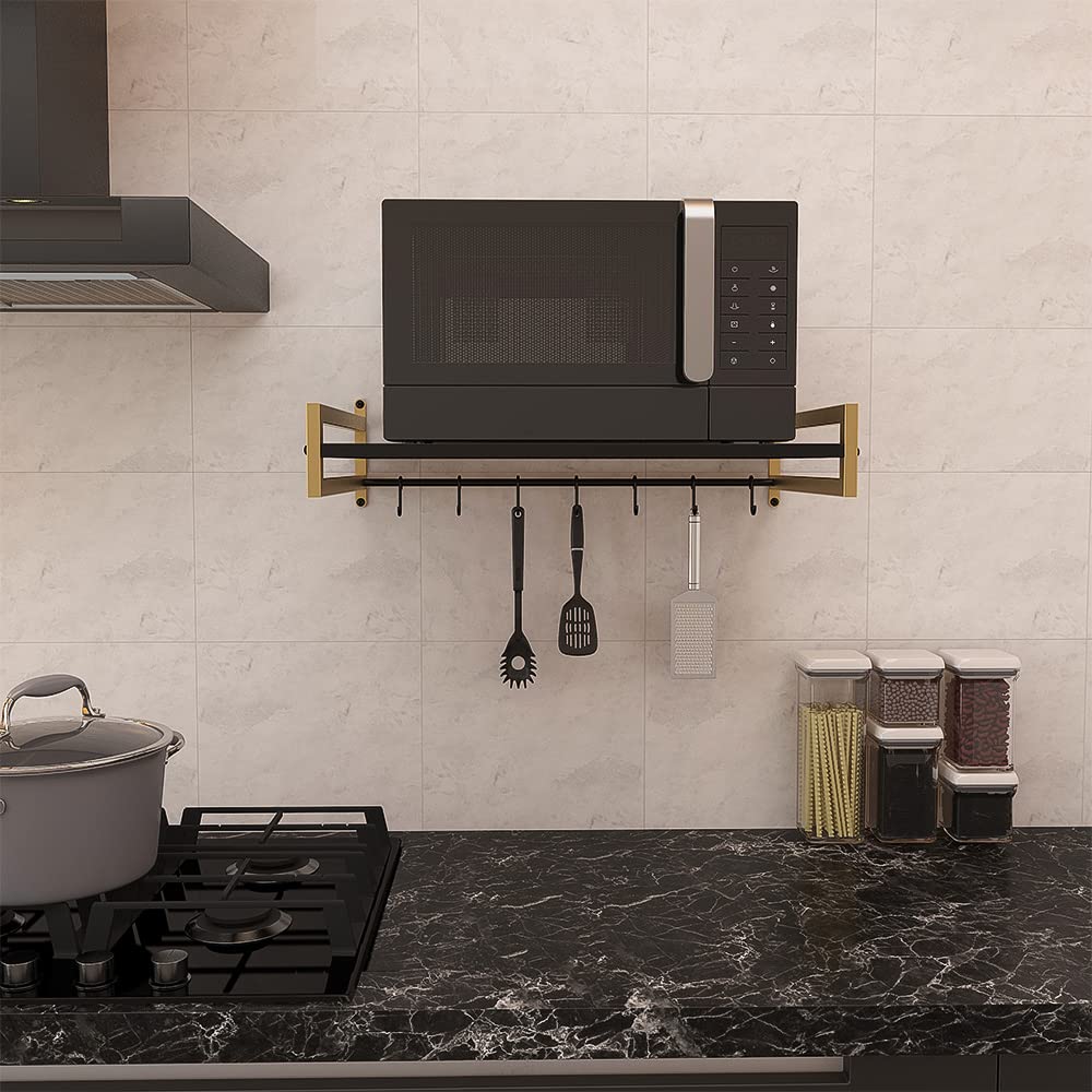 Premium Wall Mounted Metal Microwave Stand - Space Saving Kitchen Organizer for Microwave & OTG Oven | Extra Storage Shelf with Hooks | Black & Gold Finish | Perfect for Small Kitchens & Apartments