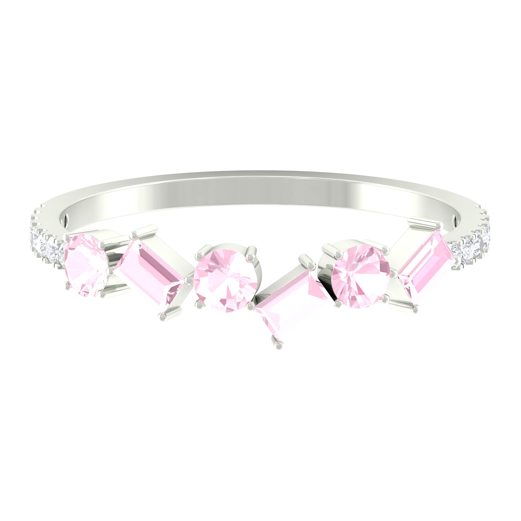 0.75 CT Rose Quartz Half Eternity Ring with Diamond Accents - Baguette & Round Cut 14K Solid Gold Ring for Women - Elegant Stackable Band for Anniversary, Wedding, or Everyday Wear