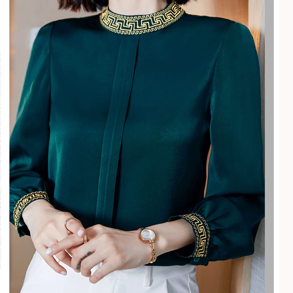Vintage Embroidered Long Sleeve Blouse for Women - Stand Neck Solid Top in Green XXX-Large | Boho Chic Office Wear & Casual Outfit Essential