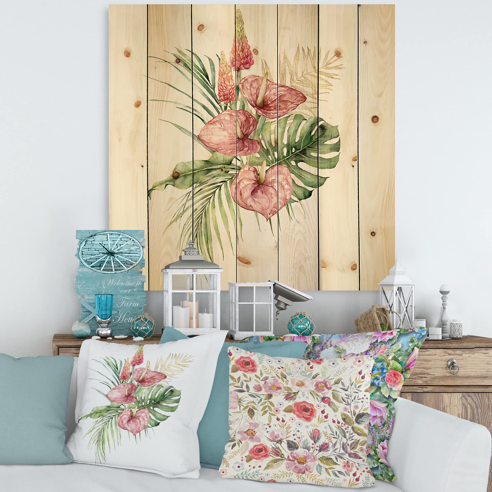 Tropical Bouquet Wall Decor - Pink Floral Wood Art Panel with Anthurium & Lupine, Large Traditional Pine Wood Wall Hanging for Living Room, Bedroom, or Office
