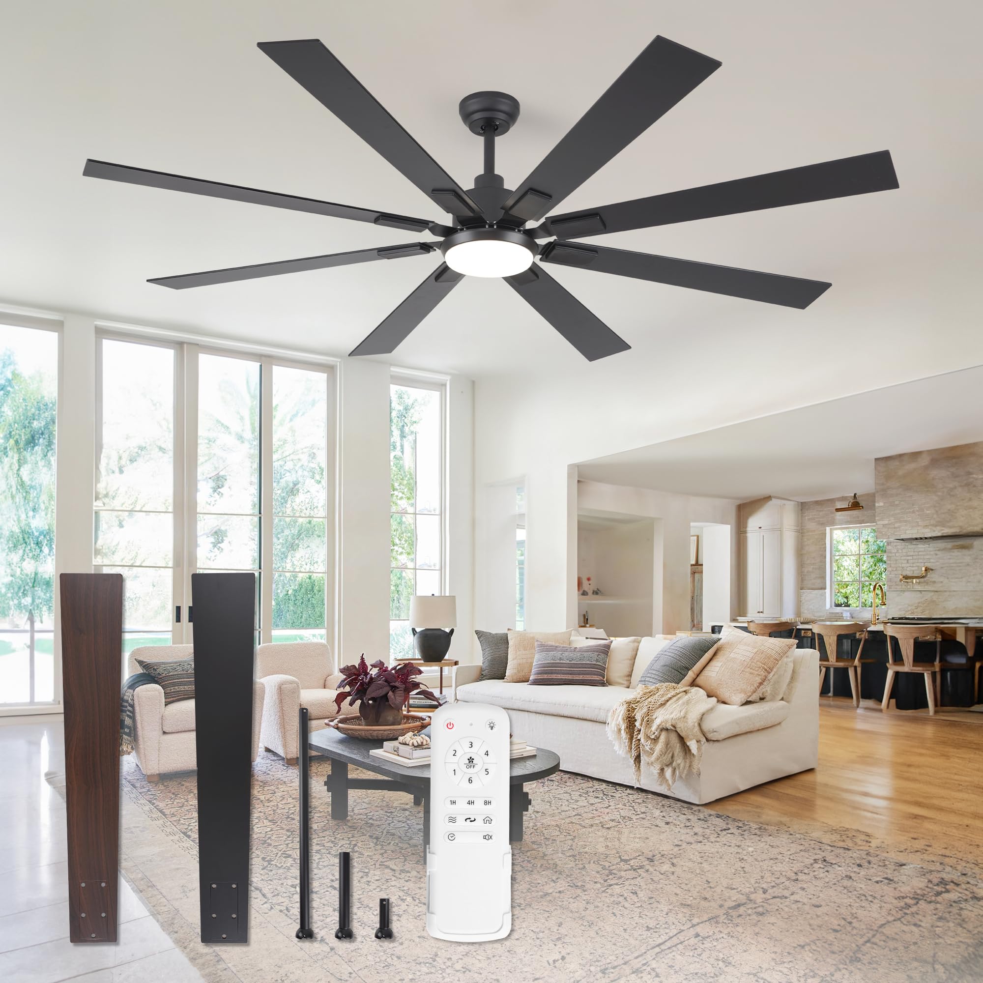 72 Inch Large Ceiling Fan with Lights and Remote - Modern Indoor/Outdoor Black Ceiling Fan for Kitchen, Living Room, Patio - 6 Speed Reversible Quiet DC Motor, 3 CCT, Dual Finish 8 Blades - Perfect for Home Cooling and Stylish Decor