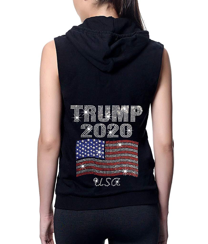 Koyotee Junior's Rhinestone Trump 2020 USA Flag Black Sleeveless Fleece Zipper Hoodie - Patriotic Fashion for Teens, Political Rally Outfit, Casual Winter Wear