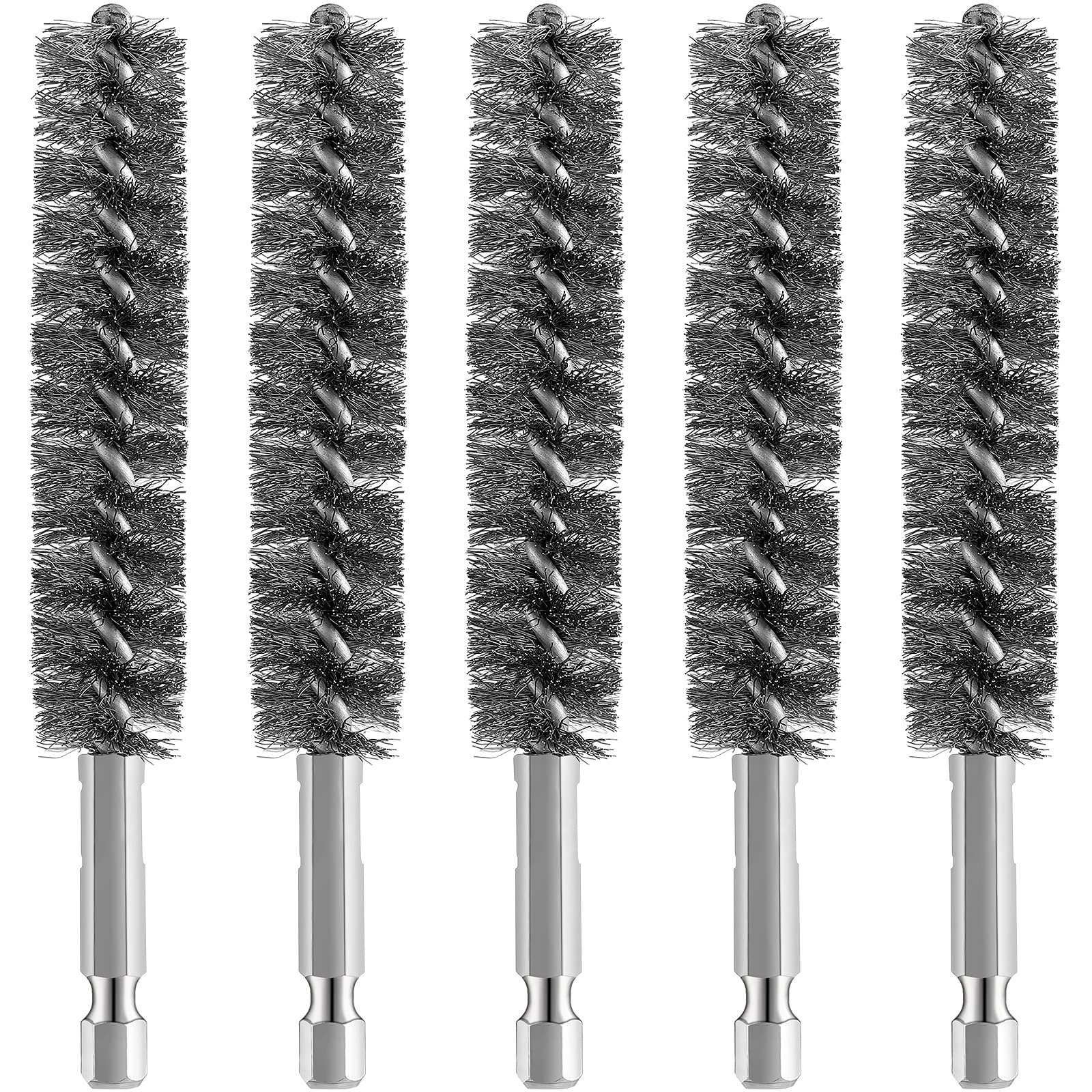 Stainless Steel Bore Brush & Wire Drill Brush Set (5-Piece) - Hex Shank Power Drill Attachment for Deep Cleaning Pipes, Guns & Automotive Parts | Ideal for Rust Removal, Carb Cleaning & Metal Polishing