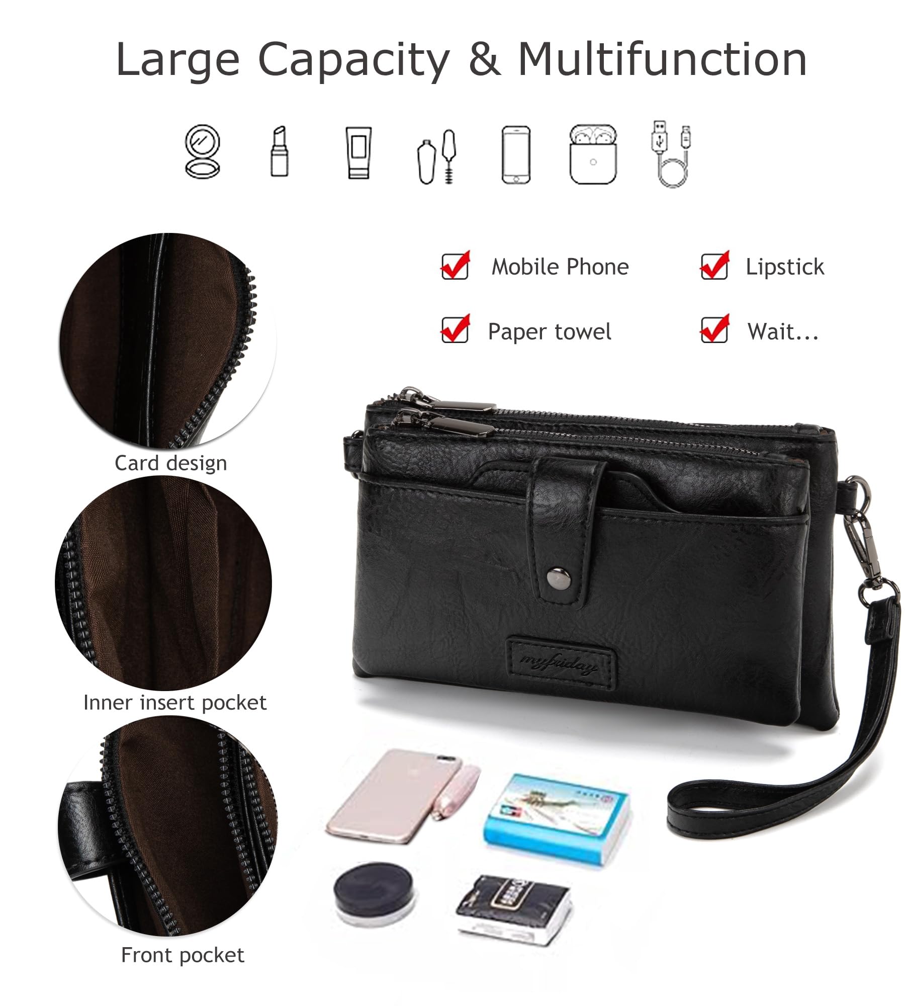 MyFriday Women's Vintage Vegan Leather Wristlet Clutch Purse - Zip Around Closure, 2 Adjustable Straps & Detachable Card Holder - Perfect for Parties, Date Nights & Everyday Use