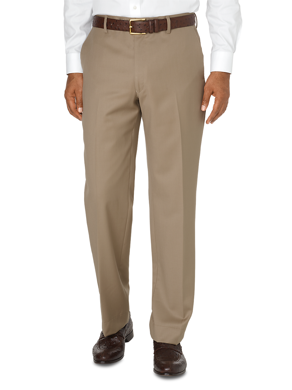 Tailored Fit Wool Gabardine Flat Front Pants for Men - Classic Tan Office & Business Casual Trousers - Perfect for Work, Weddings & Formal Events