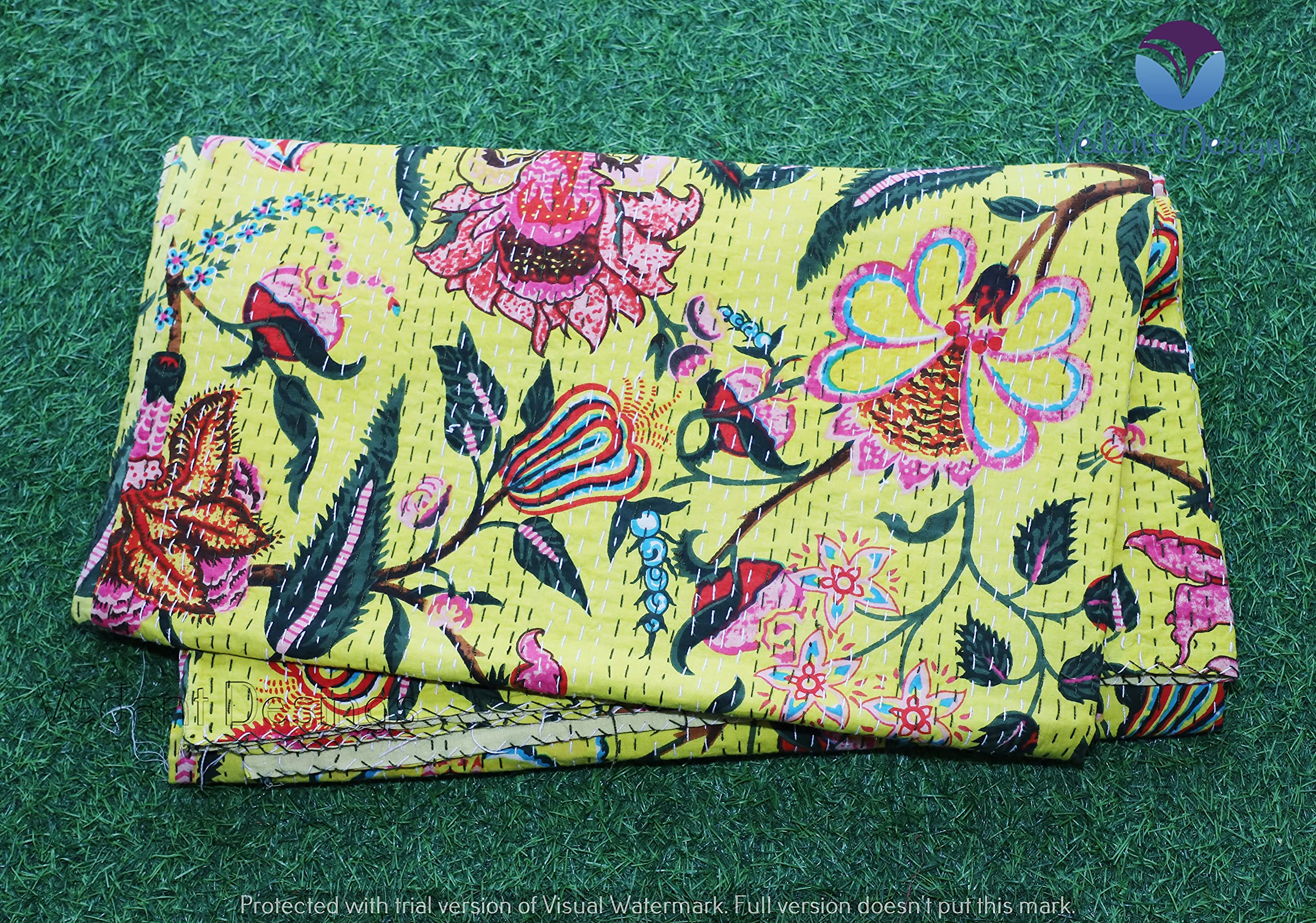 Handmade Indian Kantha Quilt - 100% Cotton Bohemian Floral Block Print Bedspread & Throw Blanket (Queen Size, Yellow 02) - Perfect for Boho Bedroom Decor, Cozy Sofa Throws & Unique Gift Ideas