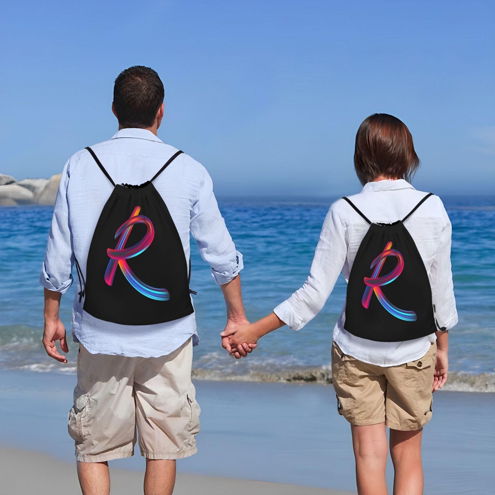 Custom Initial Drawstring Backpack - Black Cinch Sackpack for Sports, Gym, Travel, Swimming, Beach & Camping - Personalized Letter R Design - Perfect for Workouts, Vacations & Outdoor Adventures