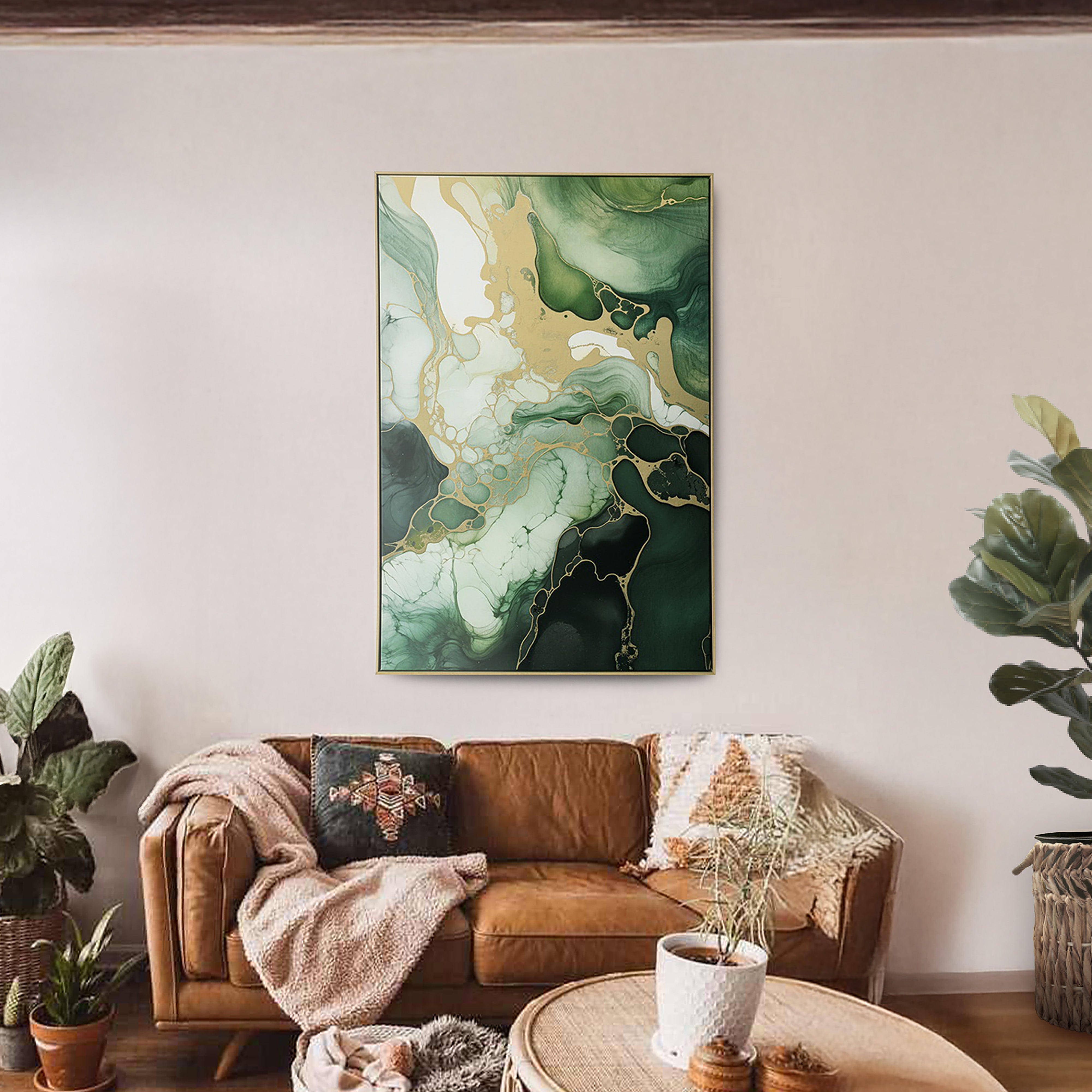 Urban Style Green Marble Foiled Canvas Brushmarks - Elegant Home Decor for Living Room, Bedroom & Office Wall Art