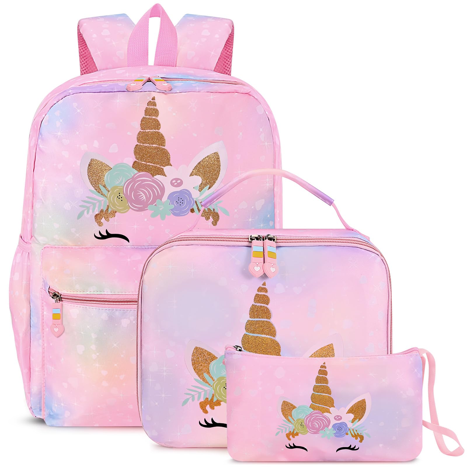 Cokouchyi 3 Pcs Kids Backpack Set with Lunch Box & Pencil Case - Lightweight Unicorn School Backpack for Girls Age 4-8, Preschool & Elementary Bookbag - Perfect for School, Travel & Daily Use