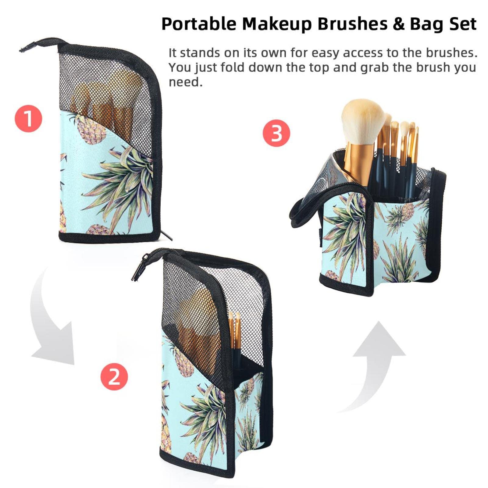 Premium 12-Piece Makeup Brush Organizer Bag with Tropical Pineapple Design - Portable Cosmetic Brush Holder Case for Travel, Home & Professional Makeup Artists