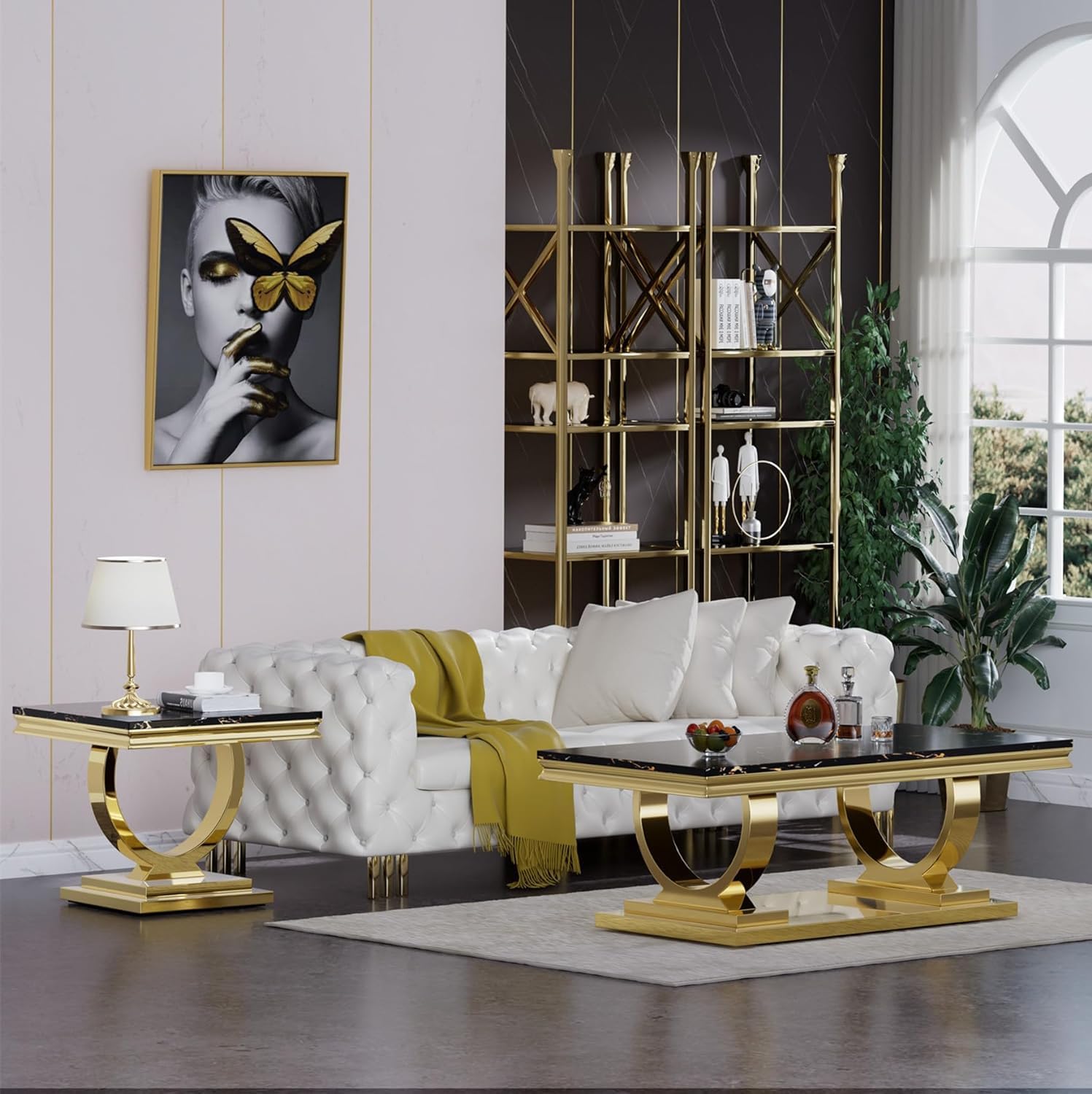 Goujxcy 3-Piece Marble Coffee Table Set - Black & Gold Stainless Steel Frame, 1 Rectangular Coffee Table & 2 Square End Tables - Modern Living Room Furniture for Apartment, Office, Lounge & Entertainment Areas