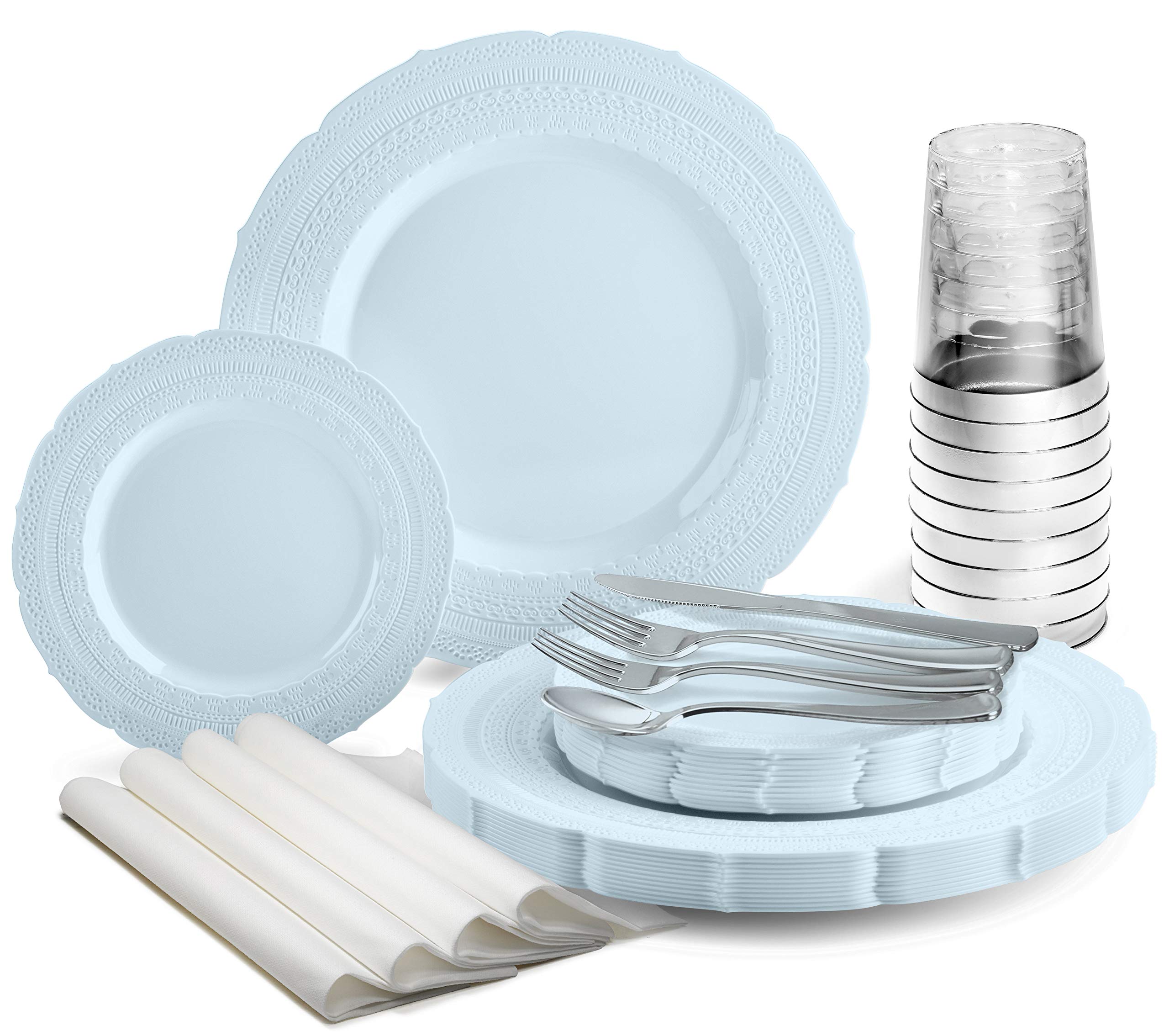 640-Piece Vintage Wedding Dinnerware Set - Heavyweight Disposable/Reusable Plastic Plates (80x11'' & 80x8.25'') + Silverware + Cups + Napkins - Chateau Collection Blue - Perfect for Weddings, Parties & Special Events