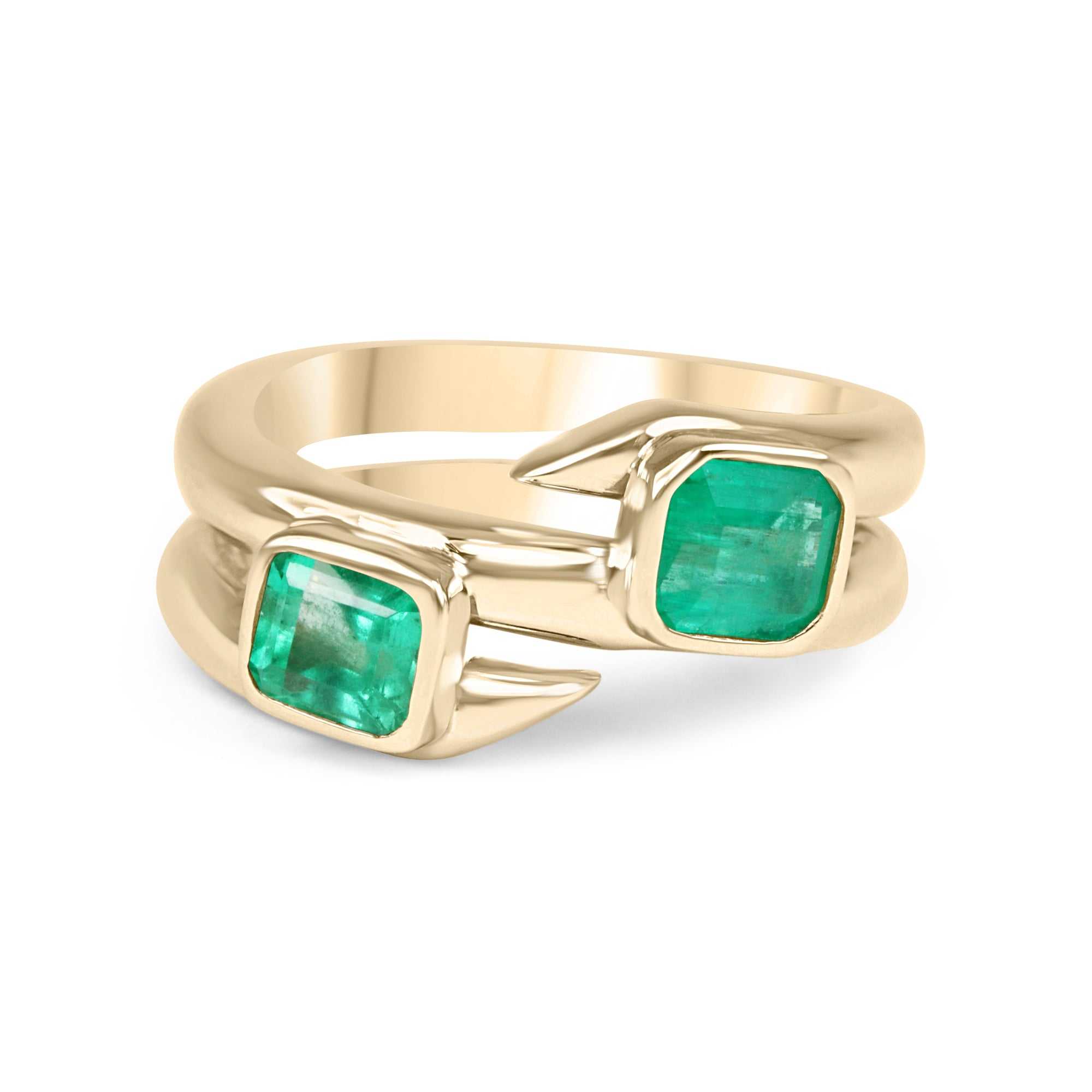2.08tcw Toi Et Moi Double Bezel 14K Gold Cuff Ring with Natural Emerald - Elegant Statement Jewelry for Weddings, Anniversaries & Special Occasions