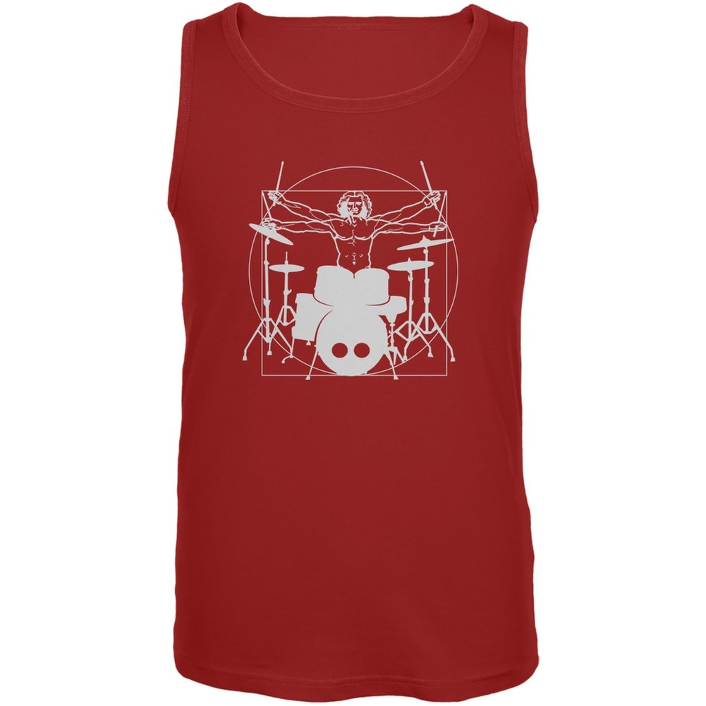 Vitruvian Man Drummer Red Adult Tank Top - Vintage Art Graphic Tee for Men & Women - Casual Summer Wear, Music Festival Outfit, Gym & Street Style
