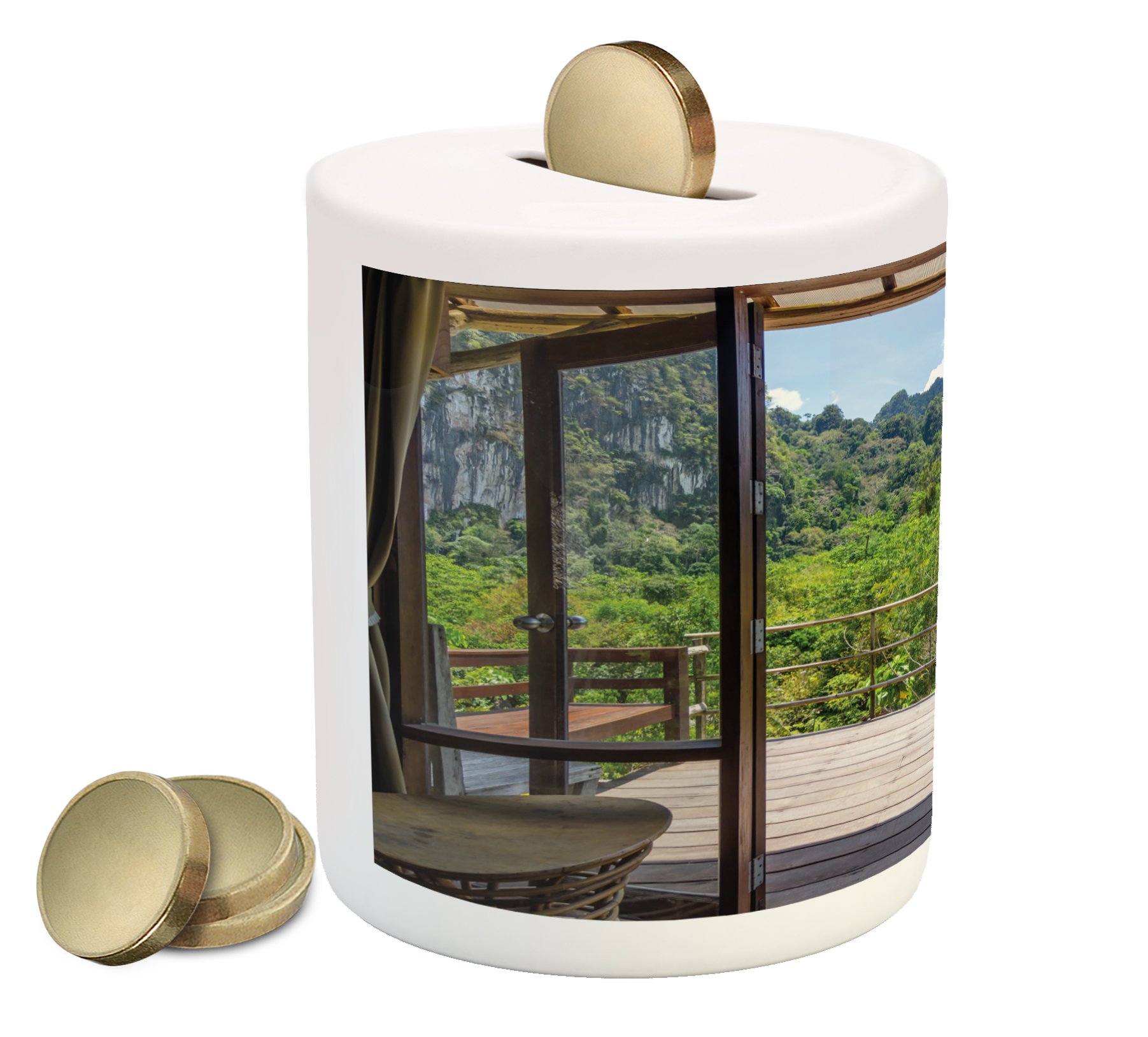 Ambesonne Modern Ceramic Piggy Bank - Sunny Day in Forest with Mountain Flowers Print, Green & White Coin Bank for Cash Savings | Perfect Gift for Kids, Teens & Home Decor