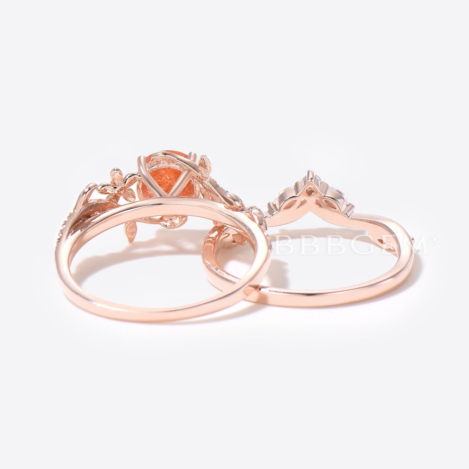 Twig Leaf Round Sunstone Engagement Ring Set - Rose Gold Floral Wedding Band for Women, Perfect for Bridal Jewelry, Proposals & Anniversary Gifts