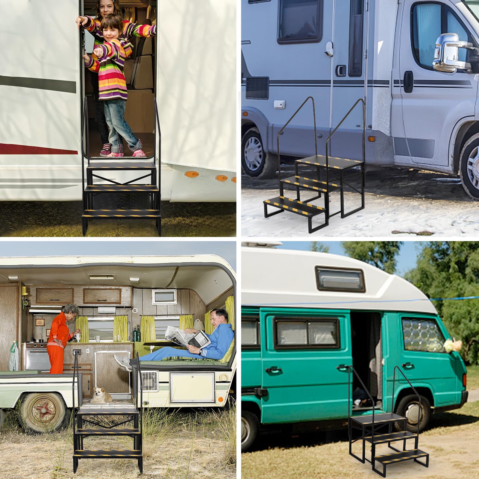 3 Step RV Stairs with Handrails - Heavy Duty Outdoor Steps for Travel Trailers, Motorhomes, Boats, Hot Tubs & Porches | Non-Slip Camper Stairs for Safe Entry & Exit