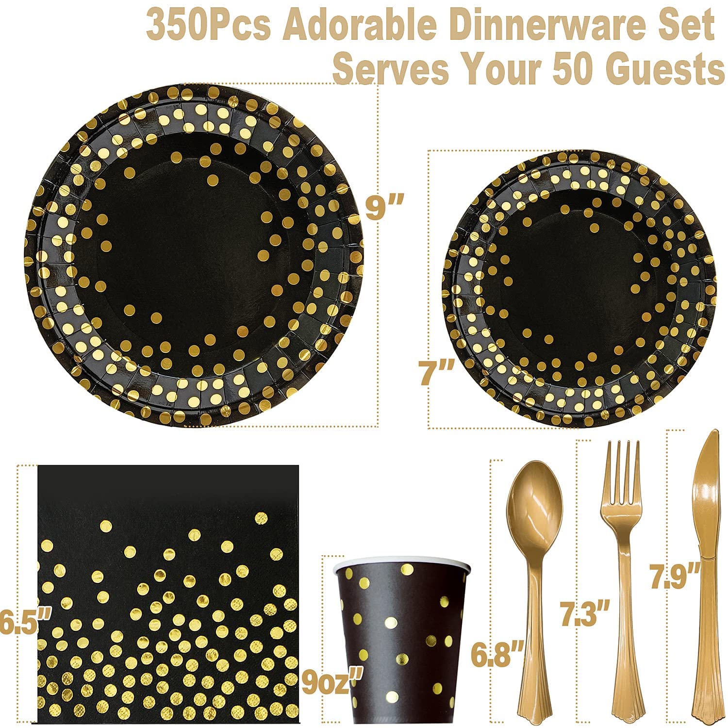 350-Piece Black and Gold Party Supplies Set - Disposable Dinnerware for 50 Guests - Gold Plastic Forks, Knives, Spoons & Golden Dot Paper Plates with Black Napkins & Cups - Perfect for New Year's, Graduation, Birthday & Wedding Celebrations - Elegant Table Setting for Special Occasions
