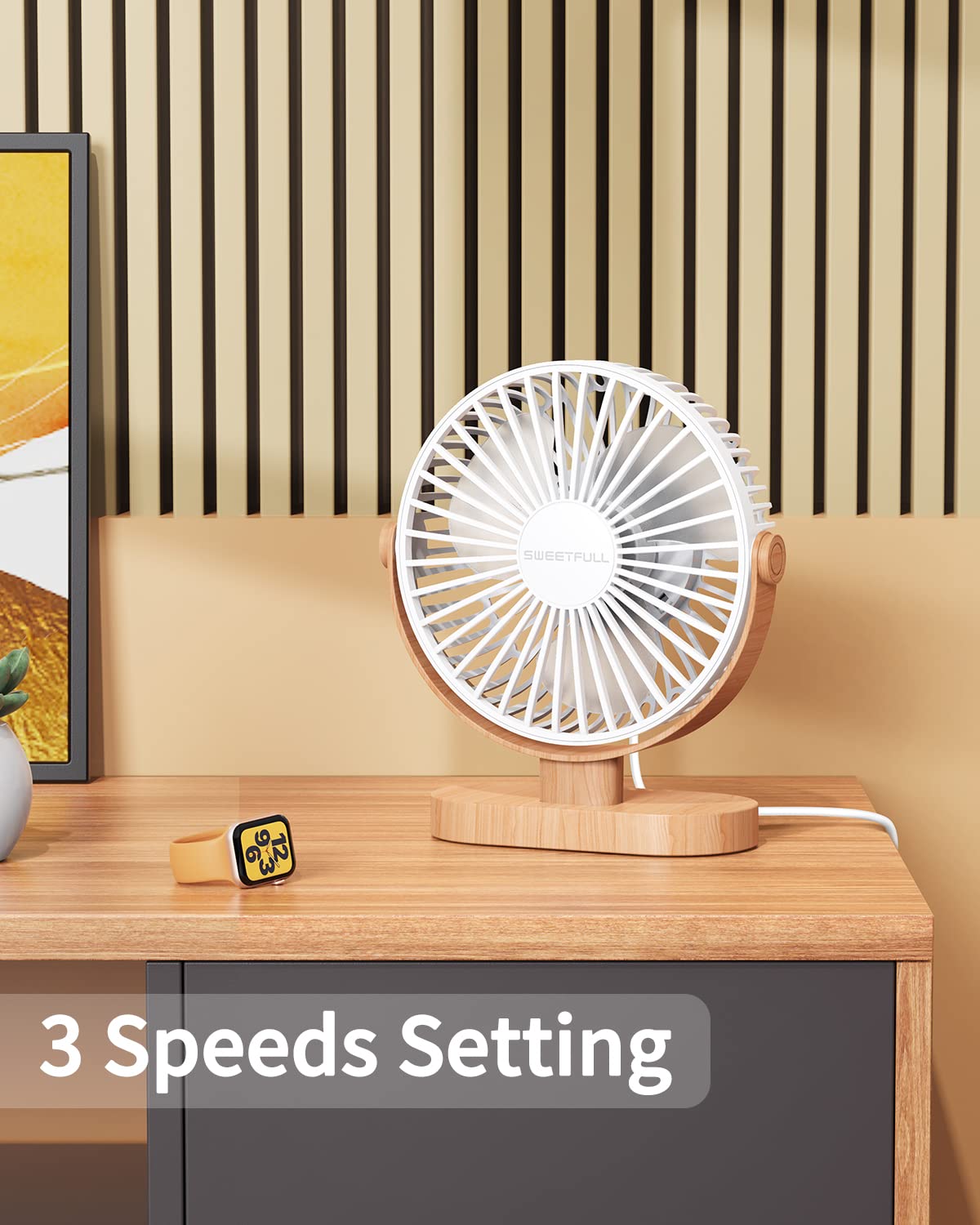 SWEETFULL 6.5 Inch USB Desk Fan - 3 Speed Portable Mini Fan with 360° Adjustable Head, Quiet Operation for Home, Office, Car & Travel - Perfect for Work Desks, Bedrooms, Dorm Rooms and Outdoor Adventures (White Wood Grain)