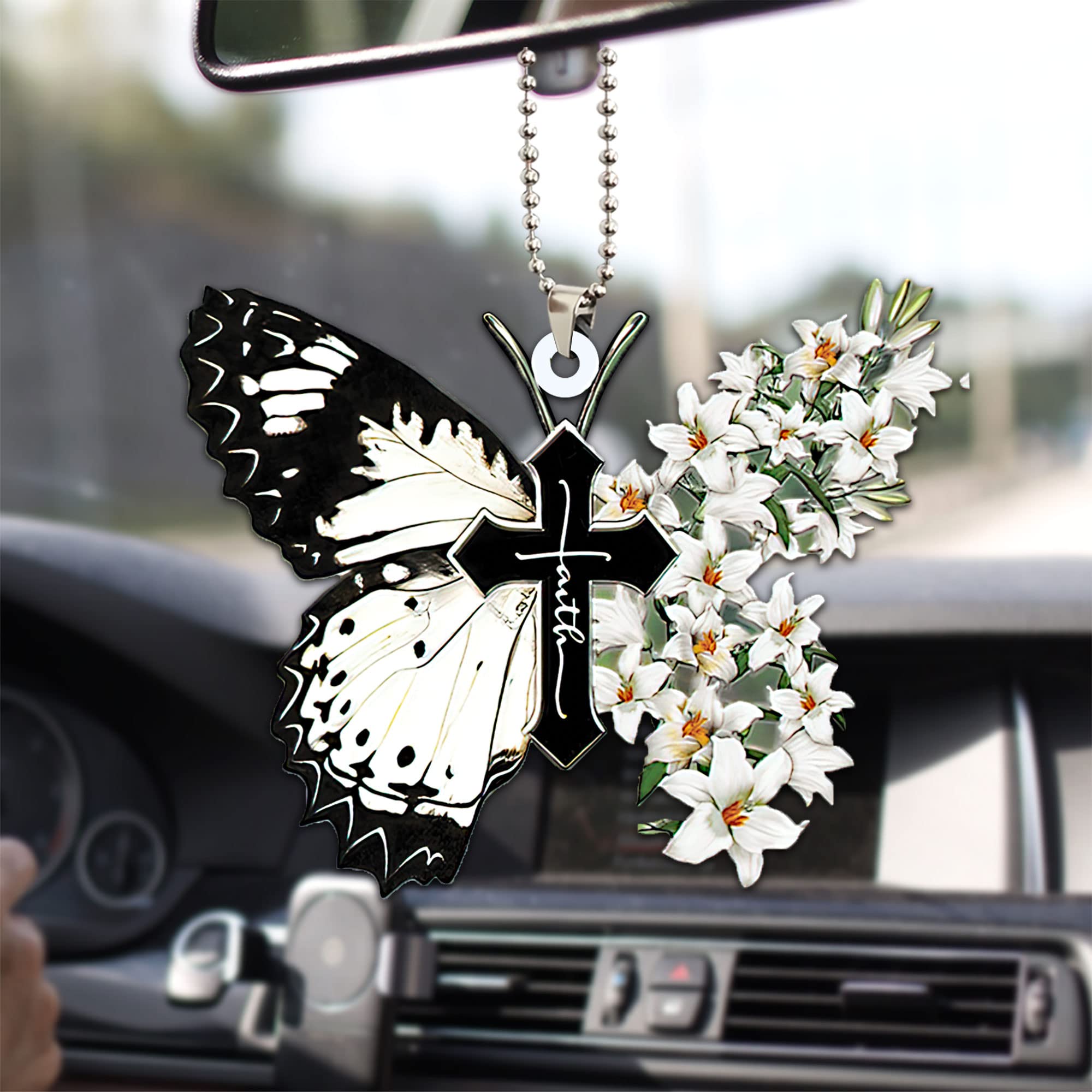Talataca White Lily Butterfly Faith Jesus Cross Christian God 2D Flat Car Rearview Mirror Charm - Religious Car Accessory for Christian Believers, Christmas Tree Ornament & Home Decor Gift - Perfect for Vehicles, Holiday Decorations and Spiritual Gifting