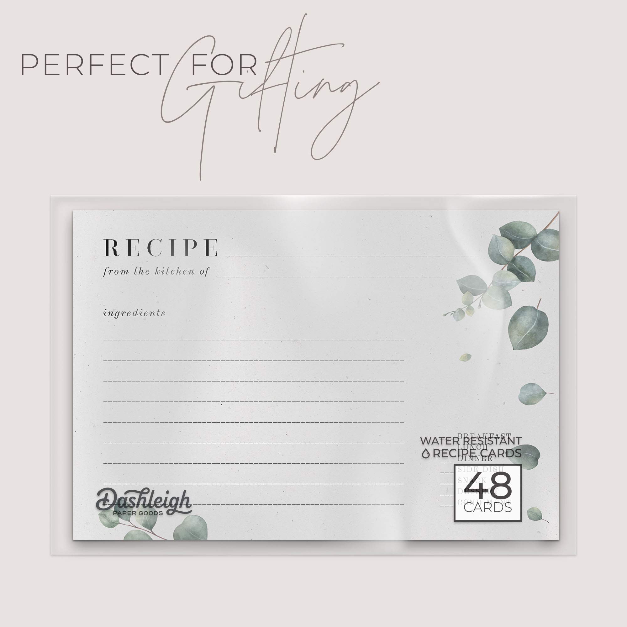 Dashleigh Eucalyptus Recipe Cards Set - 48 Double-Sided Water-Resistant 4x6 Inch Cards in Vintage Sage Green & Grey | Perfect for Kitchen Organization, Meal Planning & Gift Giving