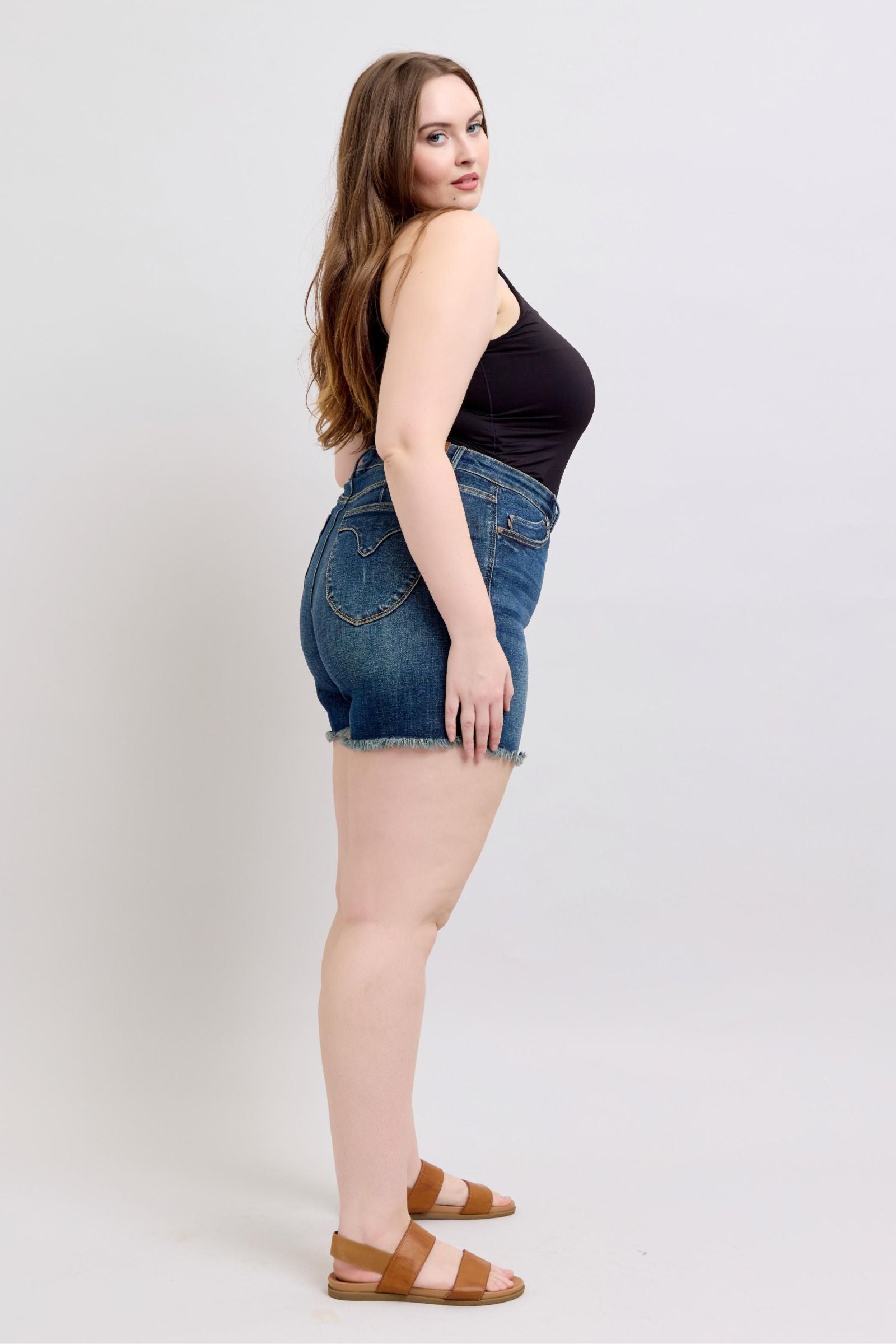 Judy Blue High Waisted Tummy Control Denim Shorts with Frayed Hem & Back Pockets | Women's Stretchy Comfort Jeans for Summer, Beach, and Casual Outfits