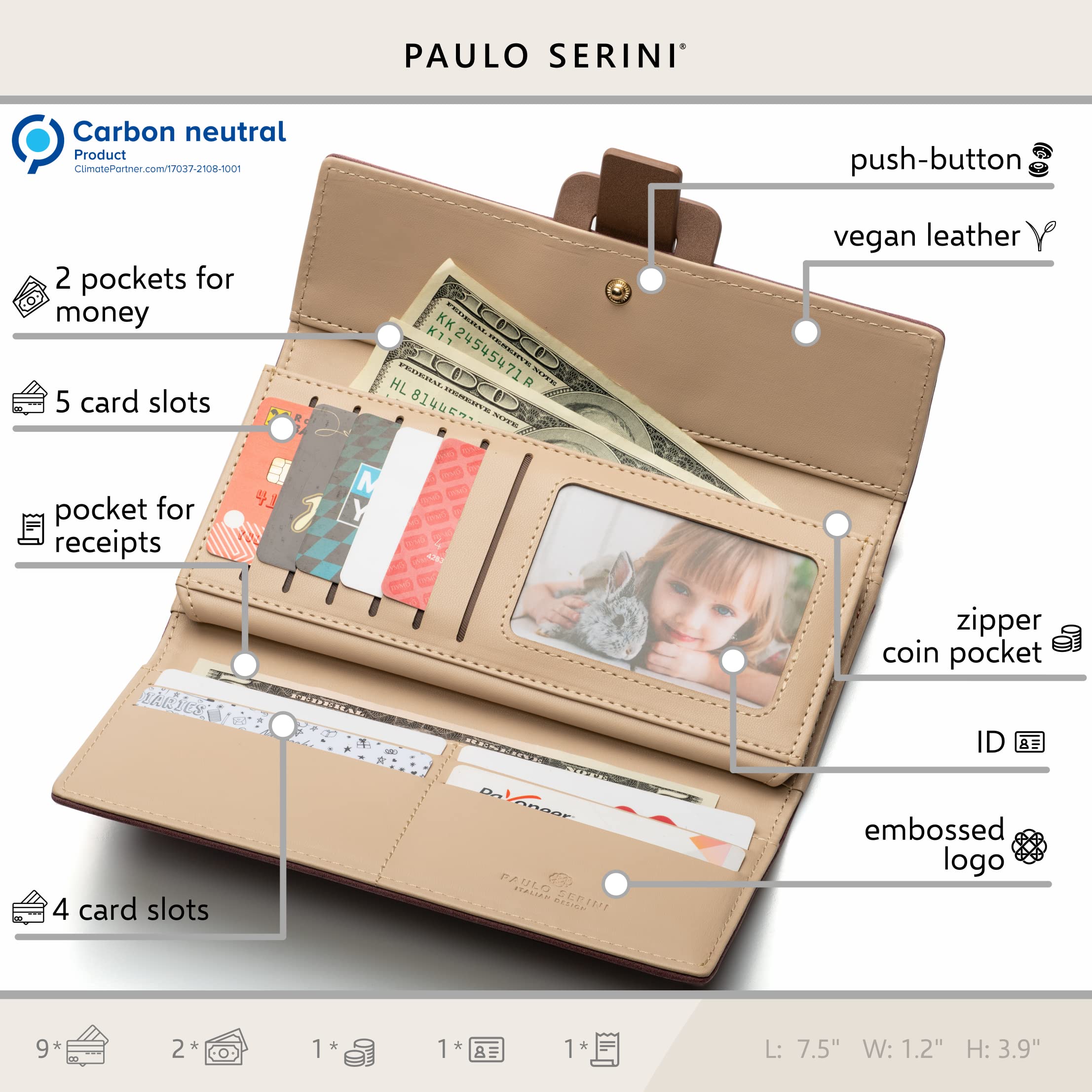 PAULO SERINI® Women's Vegan Leather Wallet with Coin Purse & Card Holder - 9 Card Slots, Wristlet Strap - Fashionable Bifold Wallet for Women (9 Colors) - Perfect Gift for Birthday, Mother's Day & Daily Use