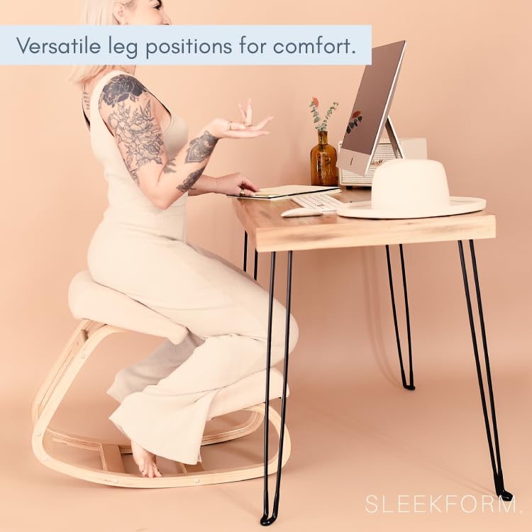 Sleekform Ergonomic Kneeling Chair with Comfortable White Cushions - Adjustable Wooden Rocking Stool for Home Office, Meditation & Active Sitting - Improves Posture for Work & Study