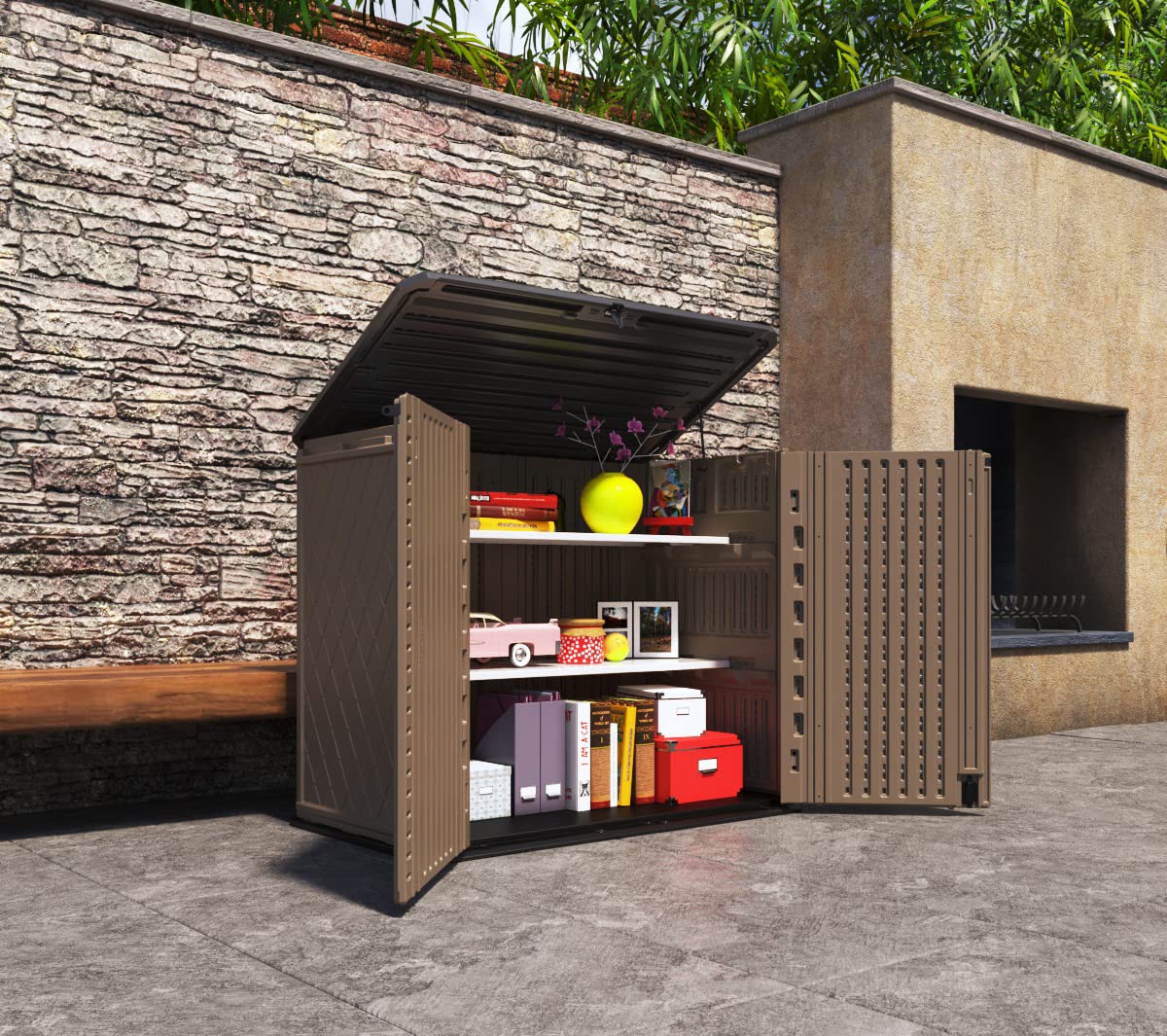 34 Cu.ft Horizontal Resin Storage Shed - Waterproof Outdoor Cabinet with Lock for Garden, Backyard, Home & Pool Storage - Durable Brown Utility Shed for Patio Furniture, Pool Toys & Yard Tools Organization