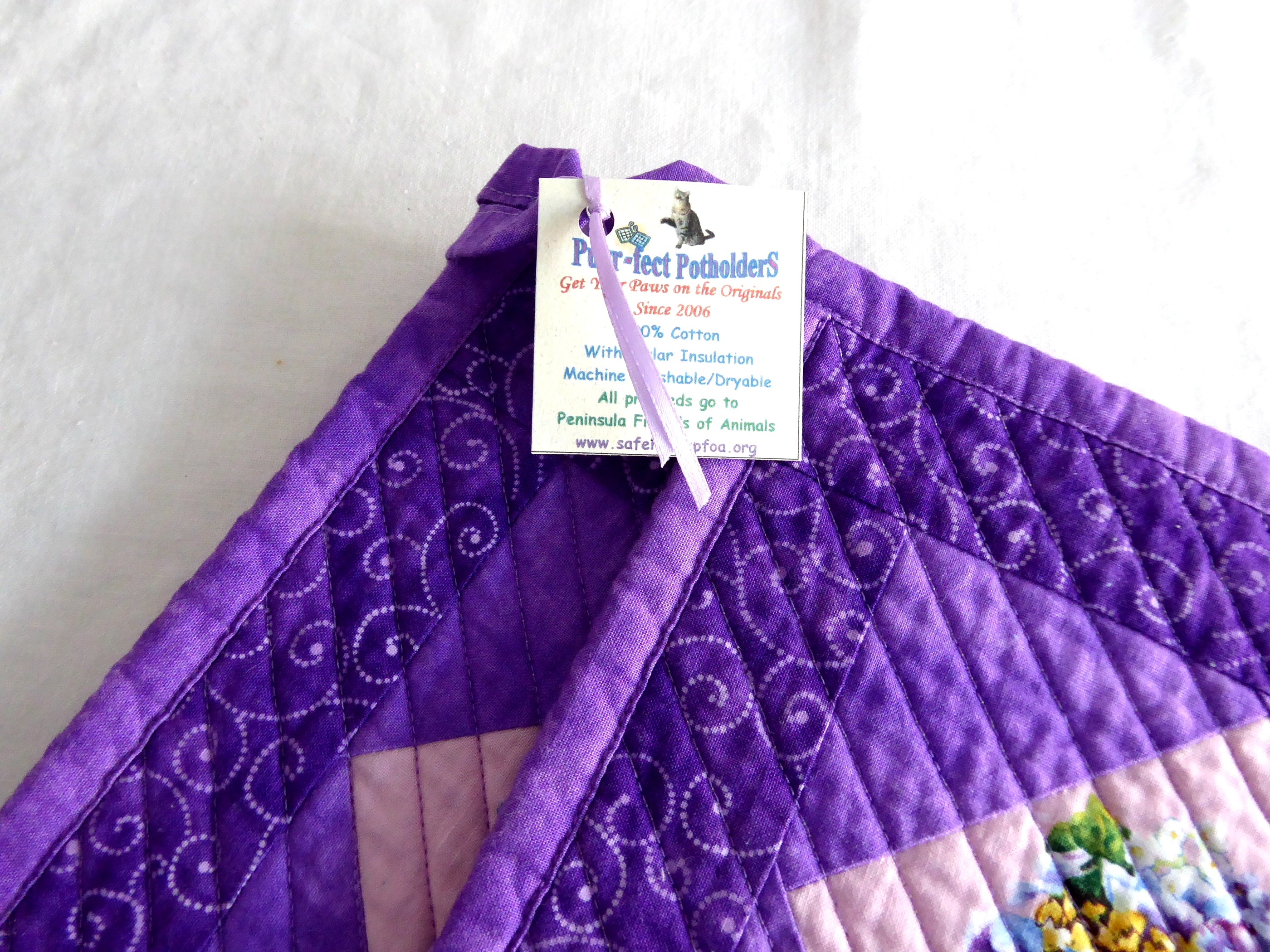 Handmade Purple Teacup Themed Potholders with Padded Flowers - Heat Resistant Kitchen Accessories for Baking & Tea Time - Supports Animal Charity