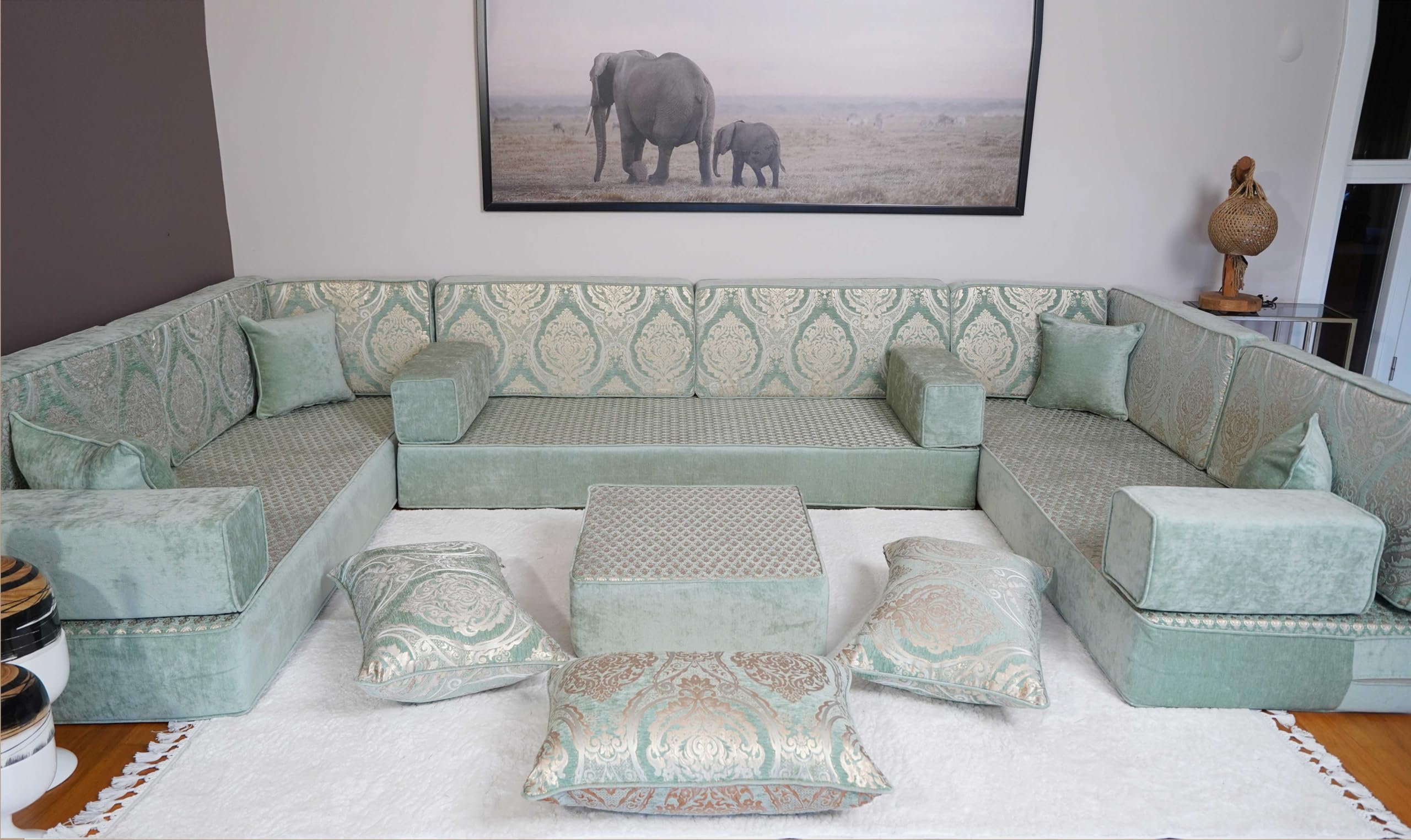 Premium Arabic Diwan Sofa Set with Ottoman & Cushions - 8