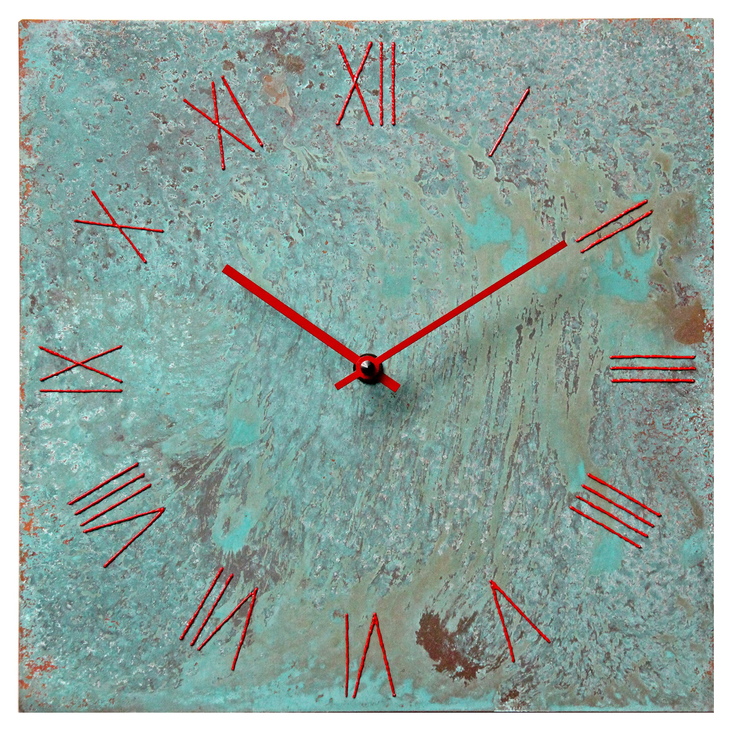 8-Inch Turquoise Copper Wall Clock - Large Square Silent Non-Ticking Handmade Rustic Decor | Perfect for Farmhouse, Southwest & Native American Style Homes | Ideal 7th Wedding Anniversary Gift for Kitchen, Living Room or Office Decor