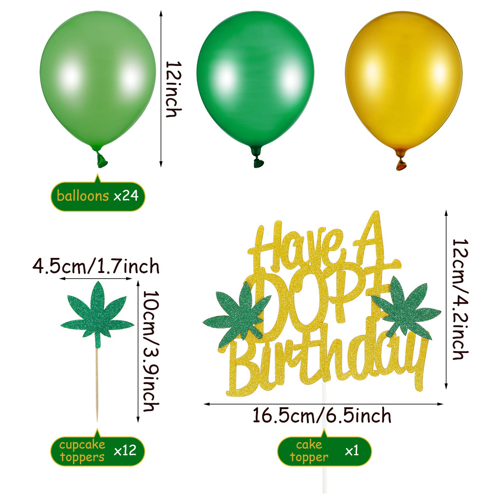 3-Piece Cannabis Leaf Birthday Banners, 13-Piece Weed Cake Toppers, 12-Piece Hanging Swirls & 24-Party Balloons - Complete Marijuana-Themed Party Decor Kit for Stoner Birthdays & 420 Celebrations