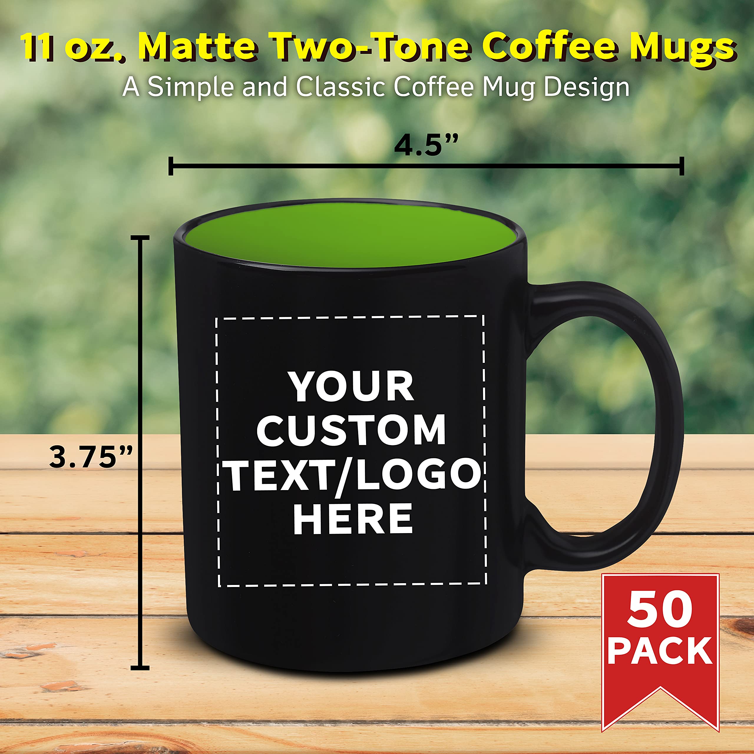 50 Matte Two-Tone Coffee Mugs Set - 11 oz Customizable Stoneware Mugs with C-Handle - Lime Green Durable Drinkware for Office, Home & Gifts | Personalized Text & Logo Options