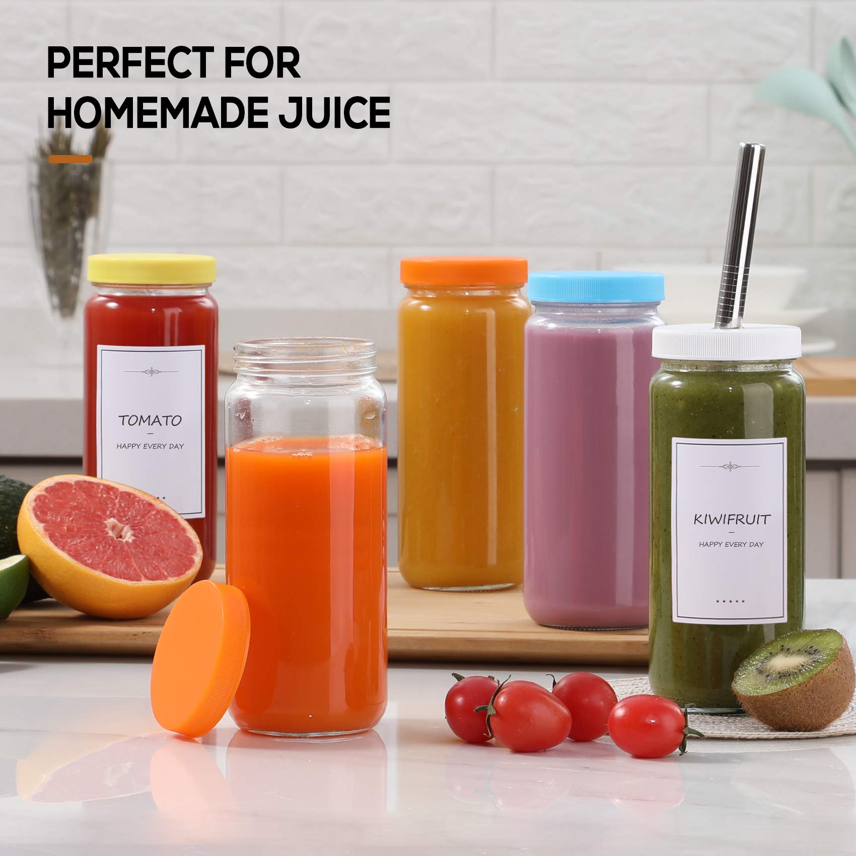 8 Pack 16oz Glass Juice Bottles with Lids & Straws - Reusable Mason Jars for Juice, Smoothie, Bubble Tea, Kombucha - Airtight Travel Drinking Cups for Home, Office, Gym & Outdoor Activities