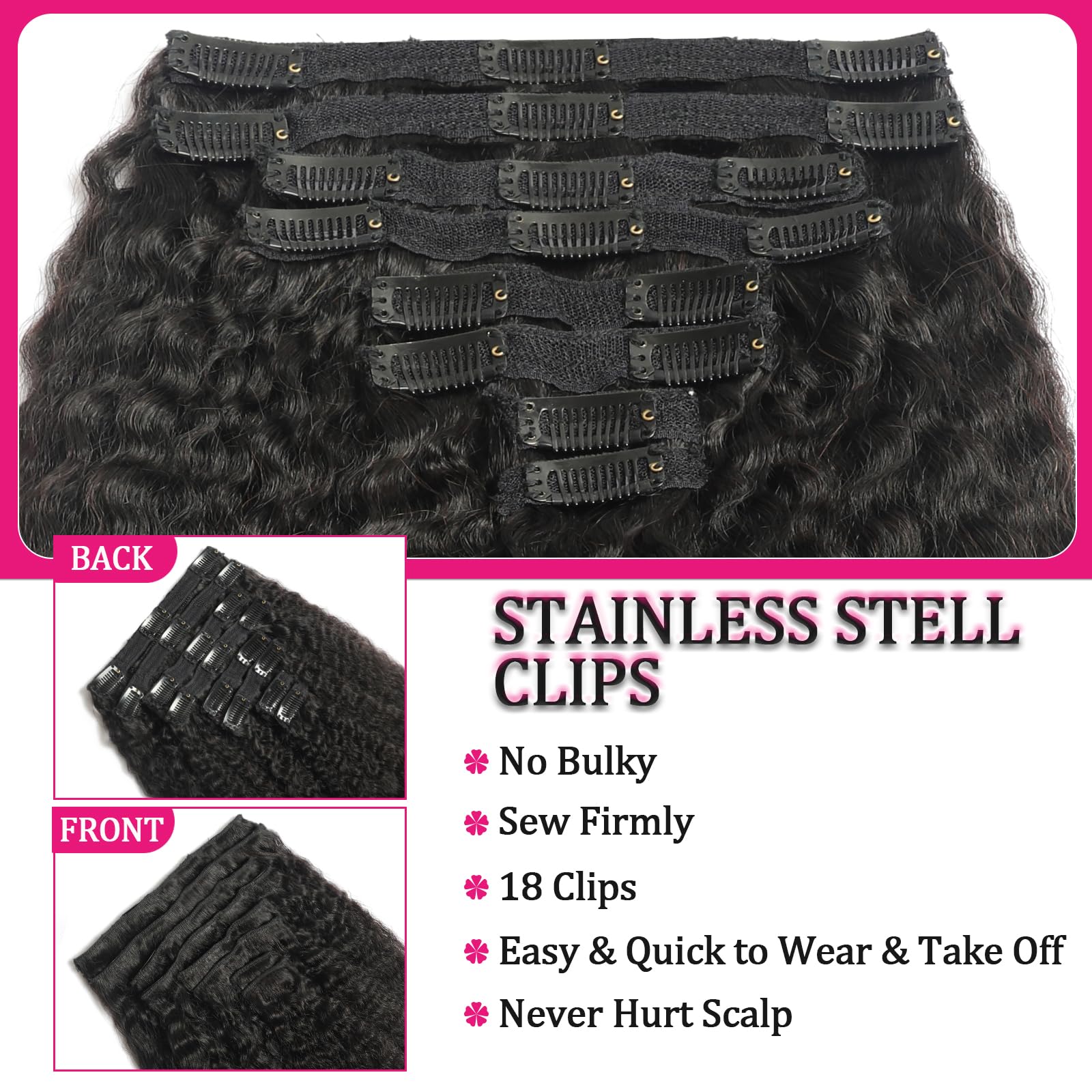 Kinky Straight Clip-In Hair Extensions 20 Inch - 8Pcs 120g Real Human Brazilian Remy Hair - Natural Black Double Weft for Women | Perfect for Volume, Length & Styling for Parties, Weddings & Daily Wear