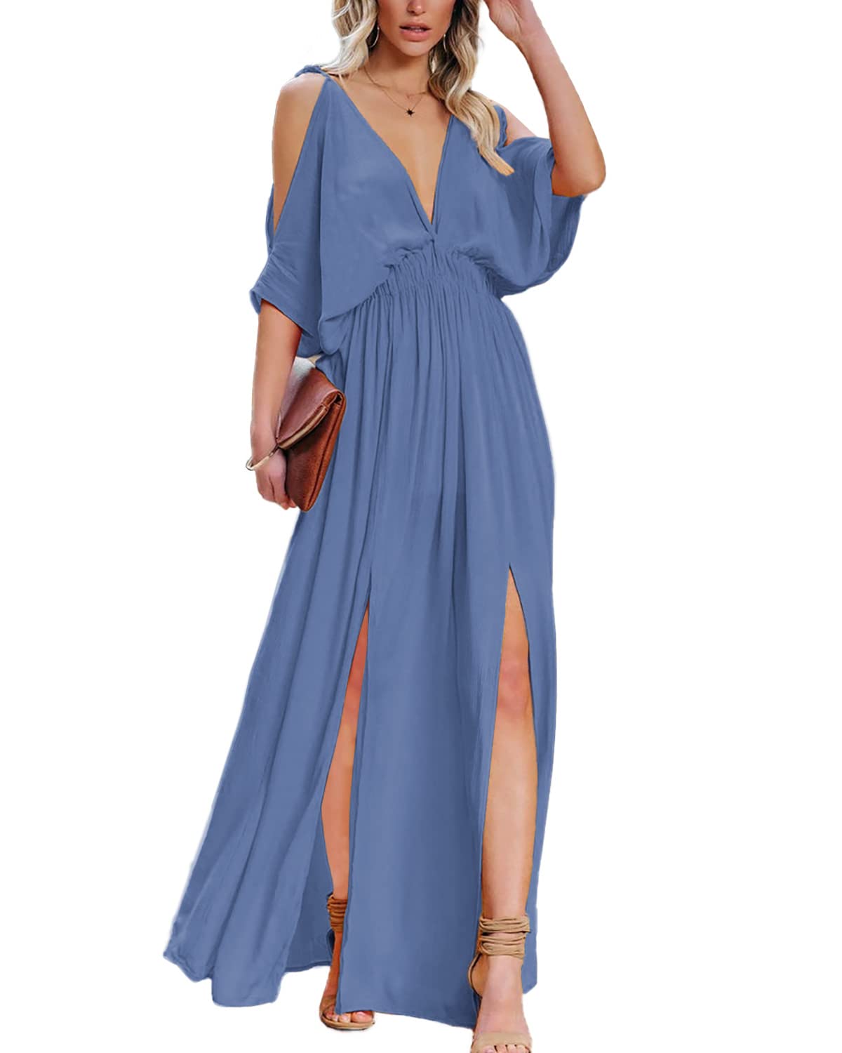 DEEP SELF Women's Summer V-Neck Cold Shoulder Short Sleeve Maxi Dress - High Waist Split Wedding Guest Long Dress for Beach Vacation, Party & Special Occasions