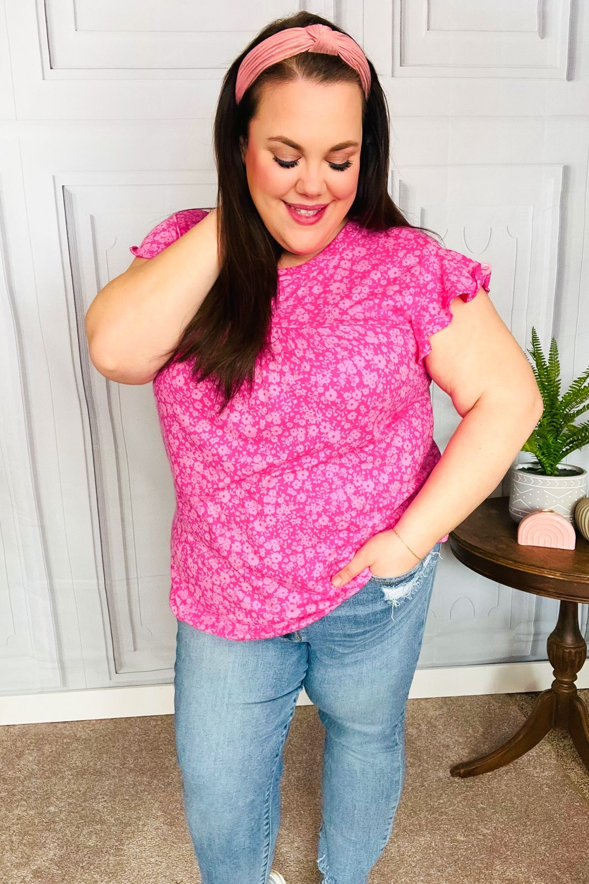 Look Of Love Fuchsia Floral Yoke Ruffle Short Sleeve Blouse - Women's Romantic Floral Print Summer Top for Date Night & Outdoor Parties