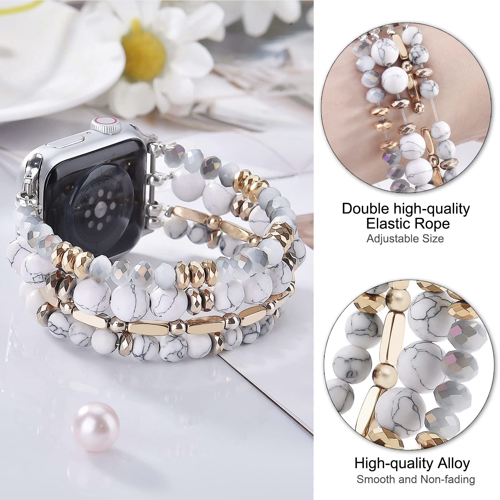 VISOOM Stretchy Beaded Bracelet Compatible with Apple Watch 40mm 38mm 41mm 42mm (Series 1-10 & SE) - Handmade Crystal Beads Fashion Watch Band for Women - Perfect for Workouts, Office Wear & Casual Outfits